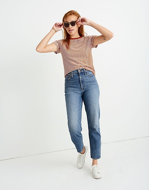 Linen-Cotton Pull-On High-Rise Tapered Pants in Stripe