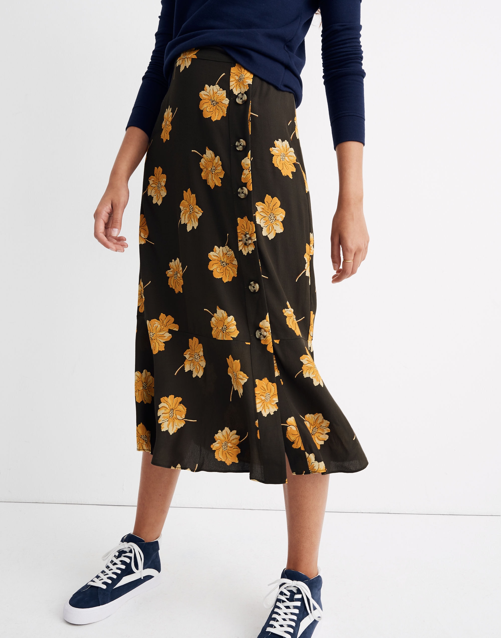 Side-Button Ruffle-Hem Midi Skirt in Fall Flowers | Madewell