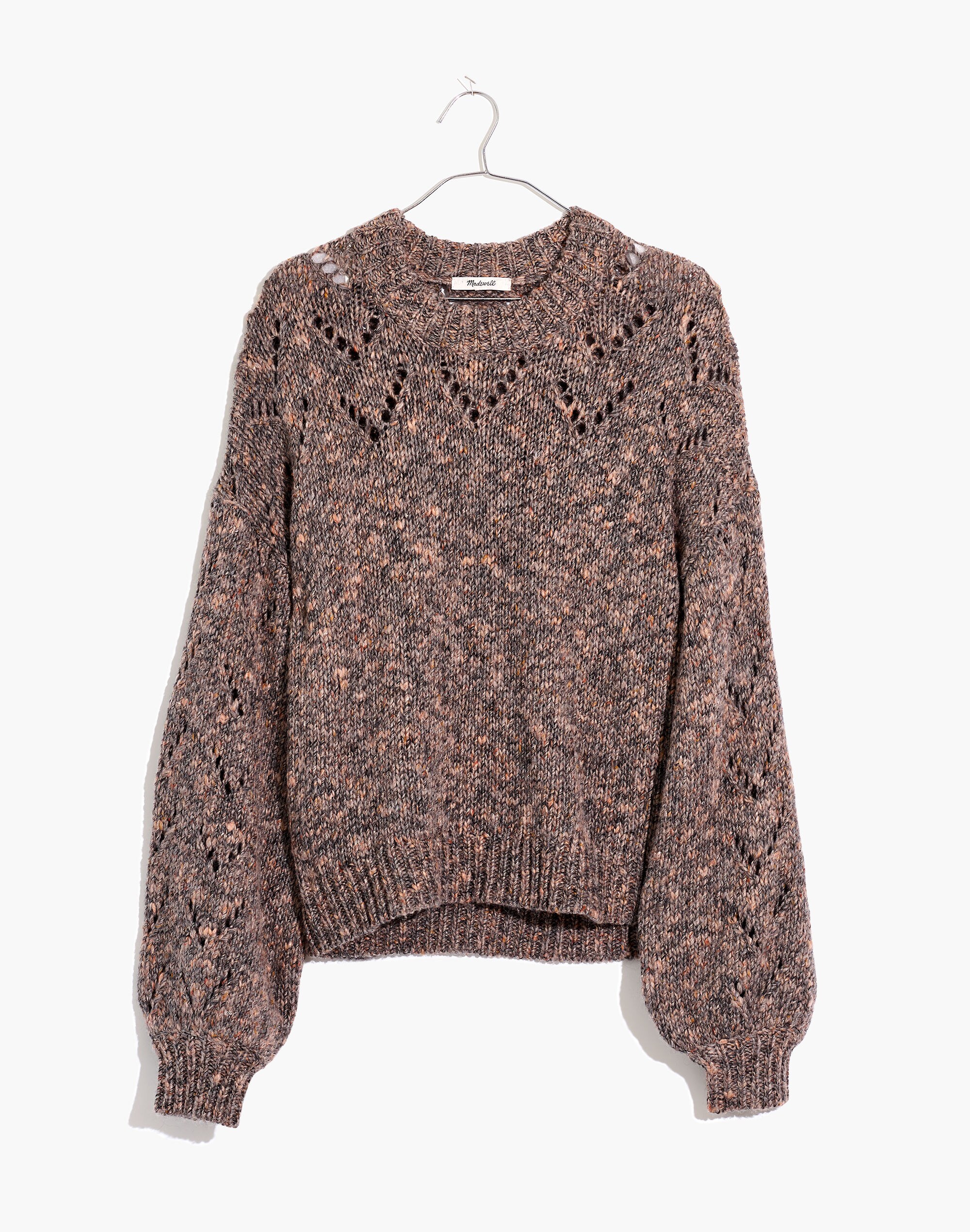 Pointelle Bubble-Sleeve Pullover Sweater