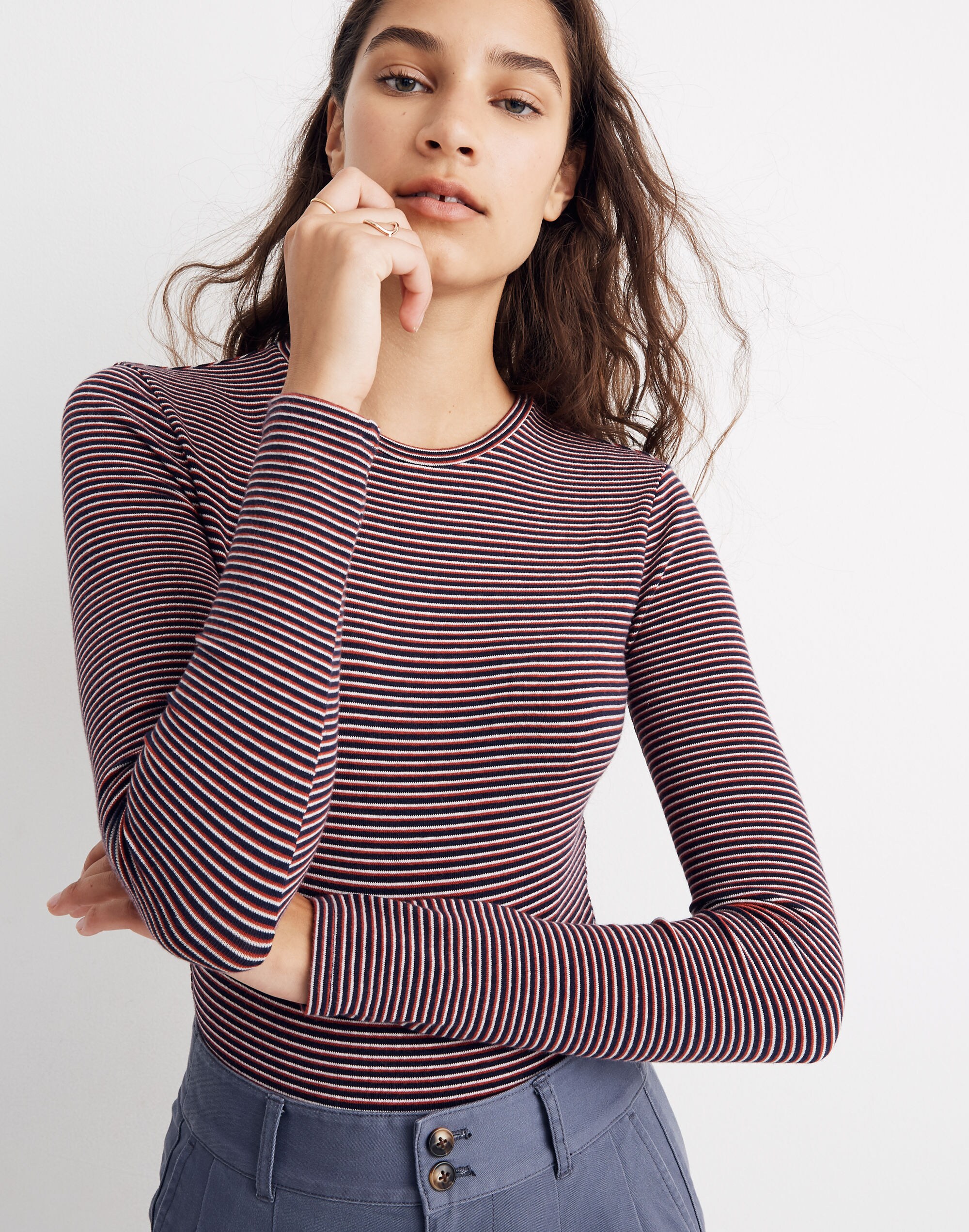 Crewneck Long-Sleeve Bodysuit in Stripe