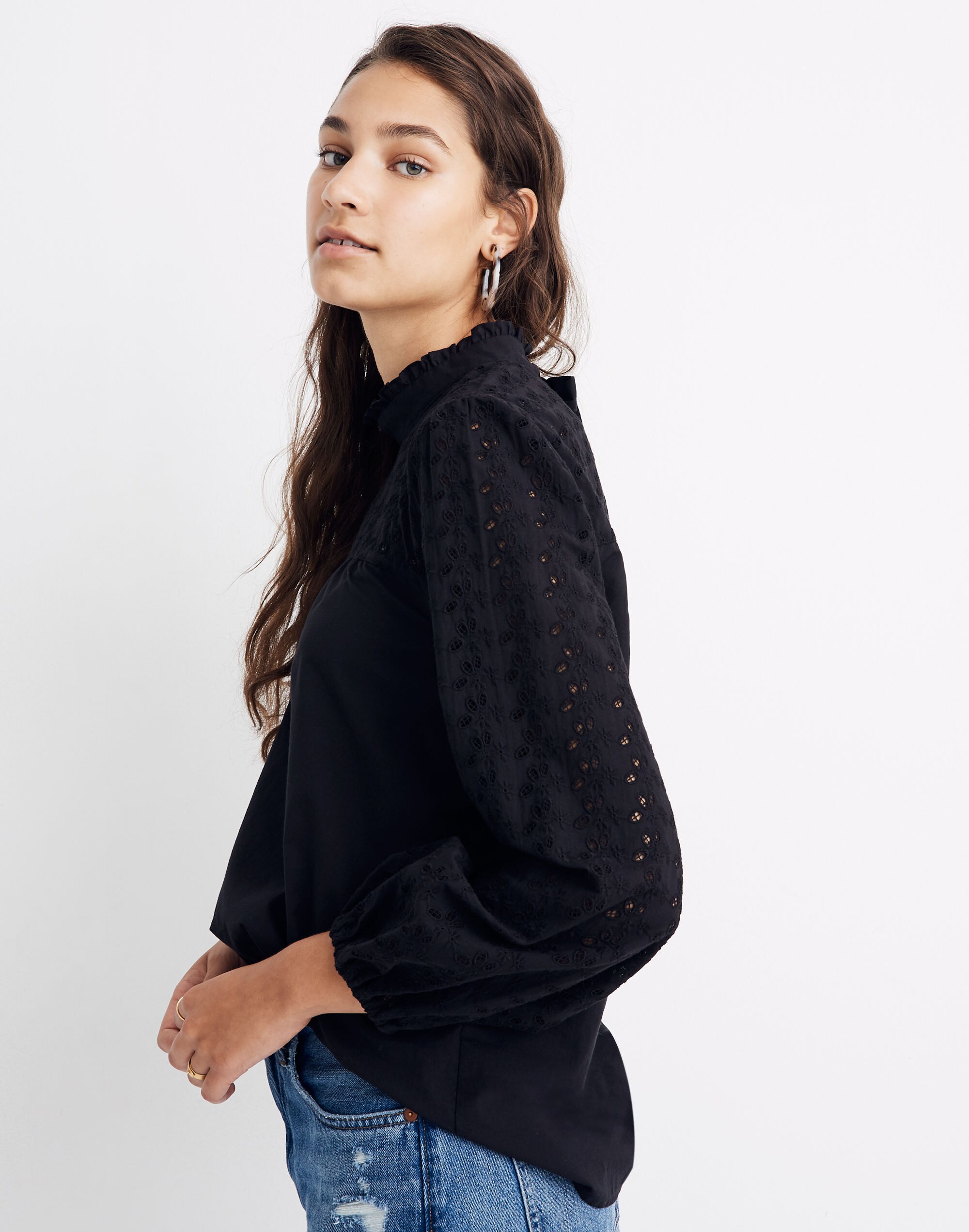 Pieced Eyelet Mockneck Ruffle Top | Madewell