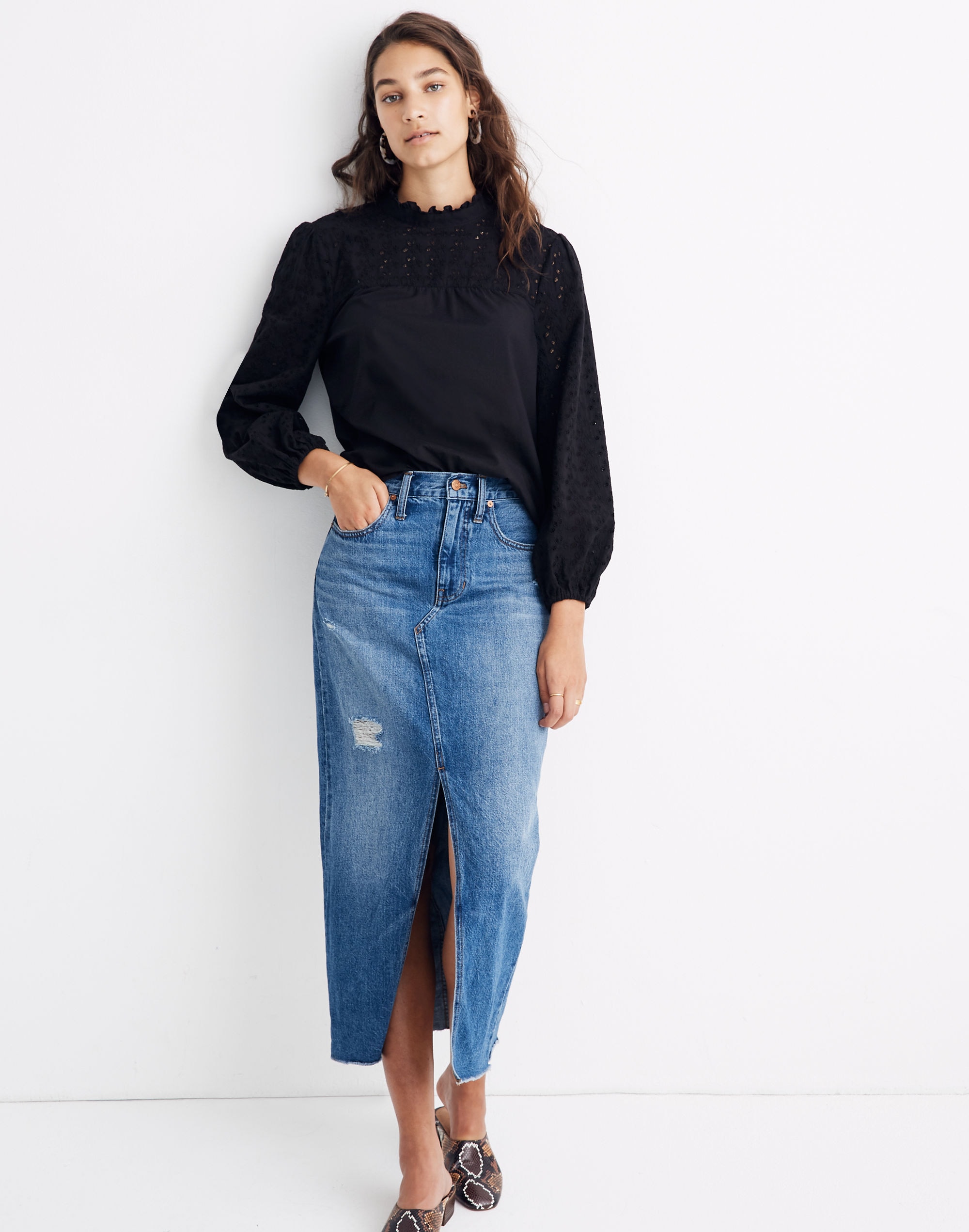 Pieced Eyelet Mockneck Ruffle Top | Madewell