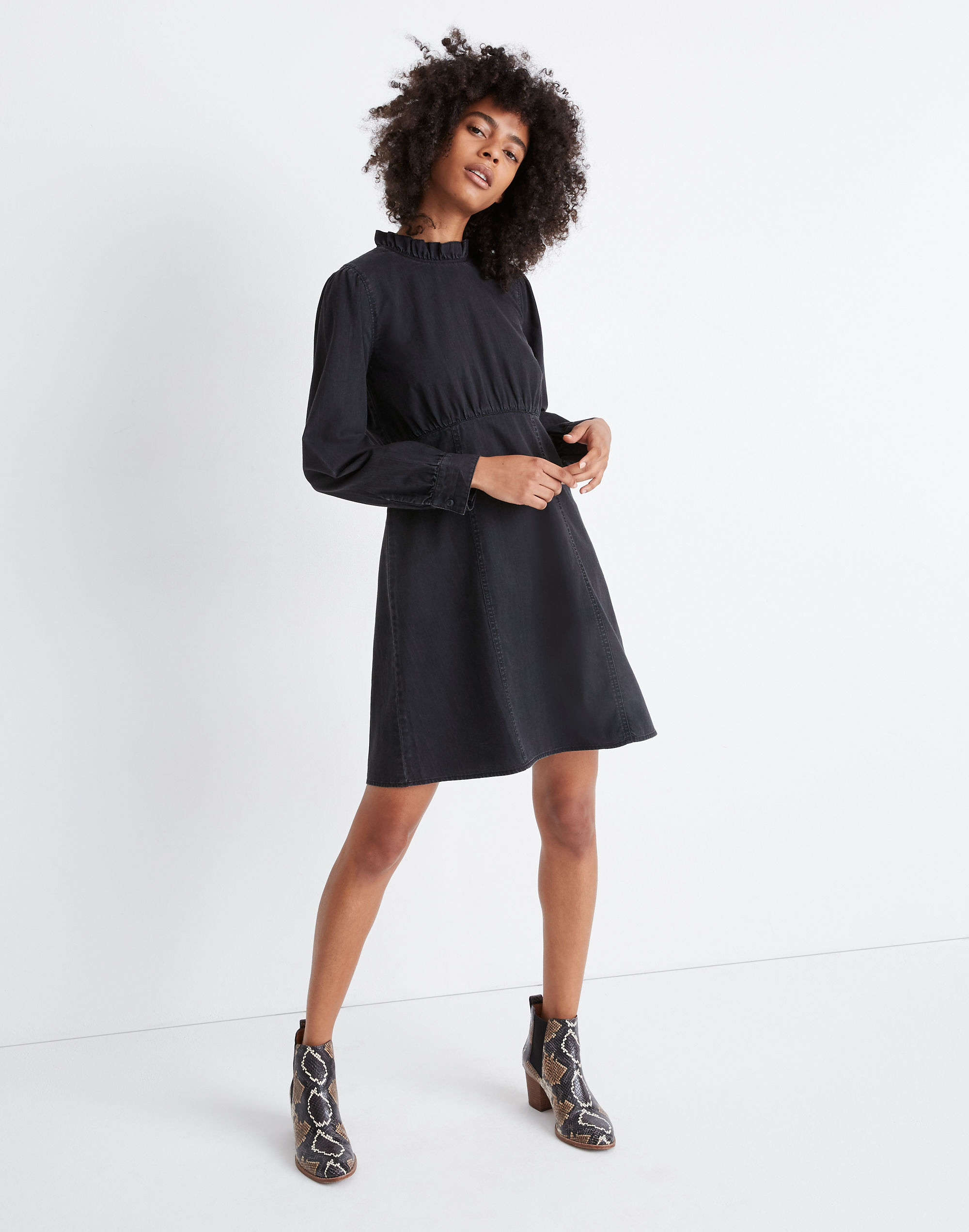 Denim Ruffled Mockneck Dress