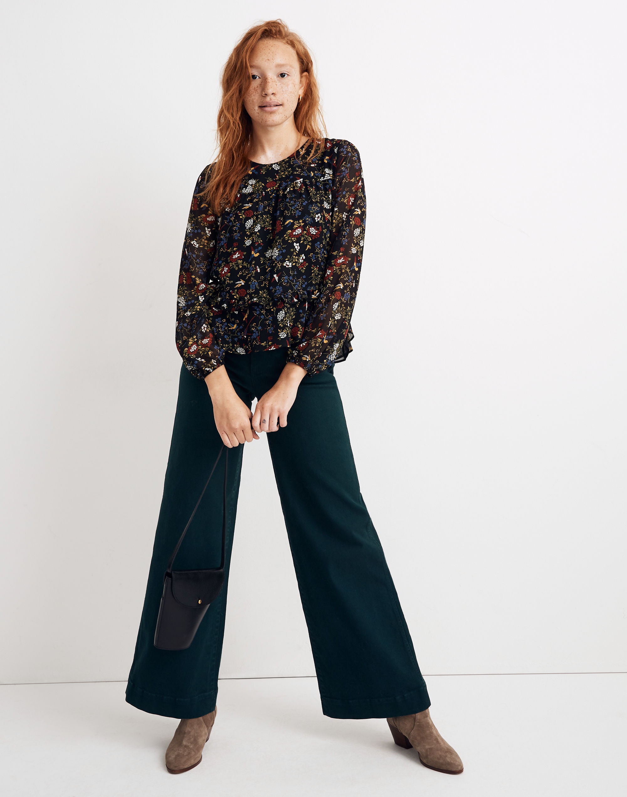 Sheer-Sleeve Ruffle Peplum Top in Finch Floral | Madewell