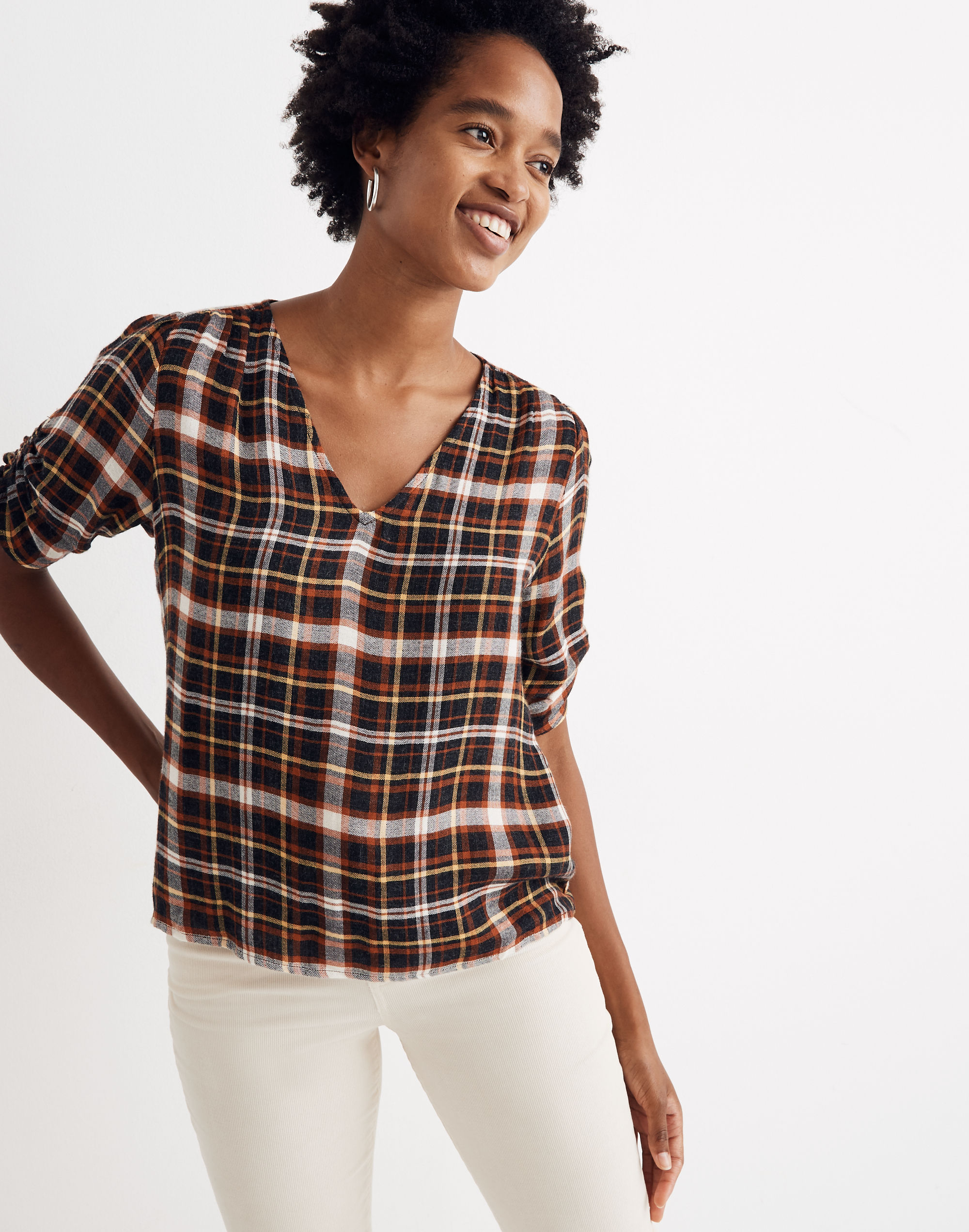 Plaid Cinch-Sleeve Top | Madewell