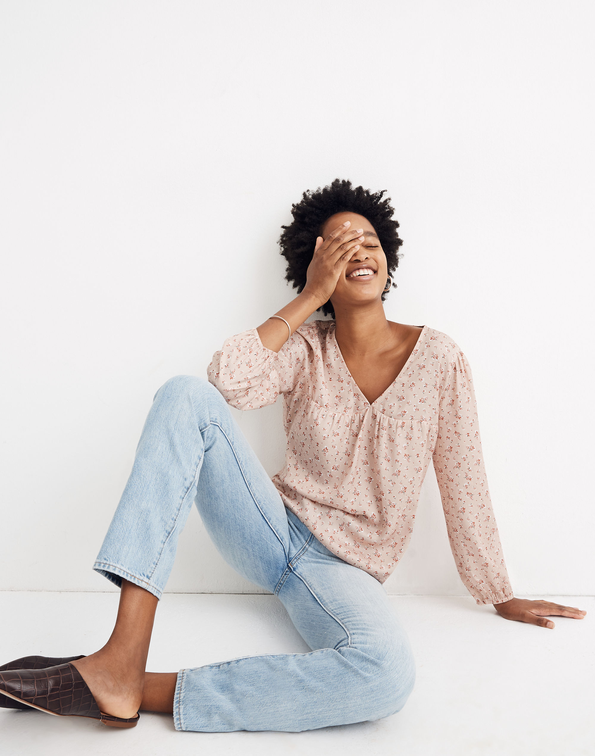 Satin Puff-Sleeve V-Neck Top Baby's Breath | Madewell