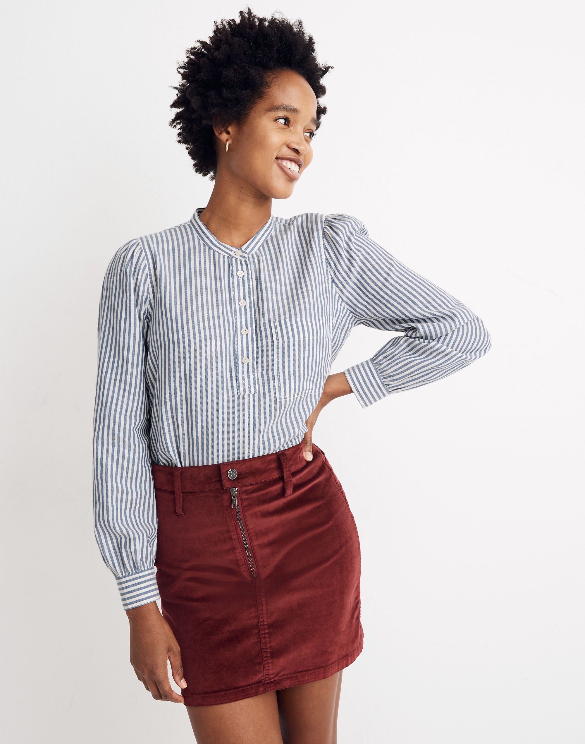 Puff-Sleeve Popover Shirt in Railroad Stripe | Madewell