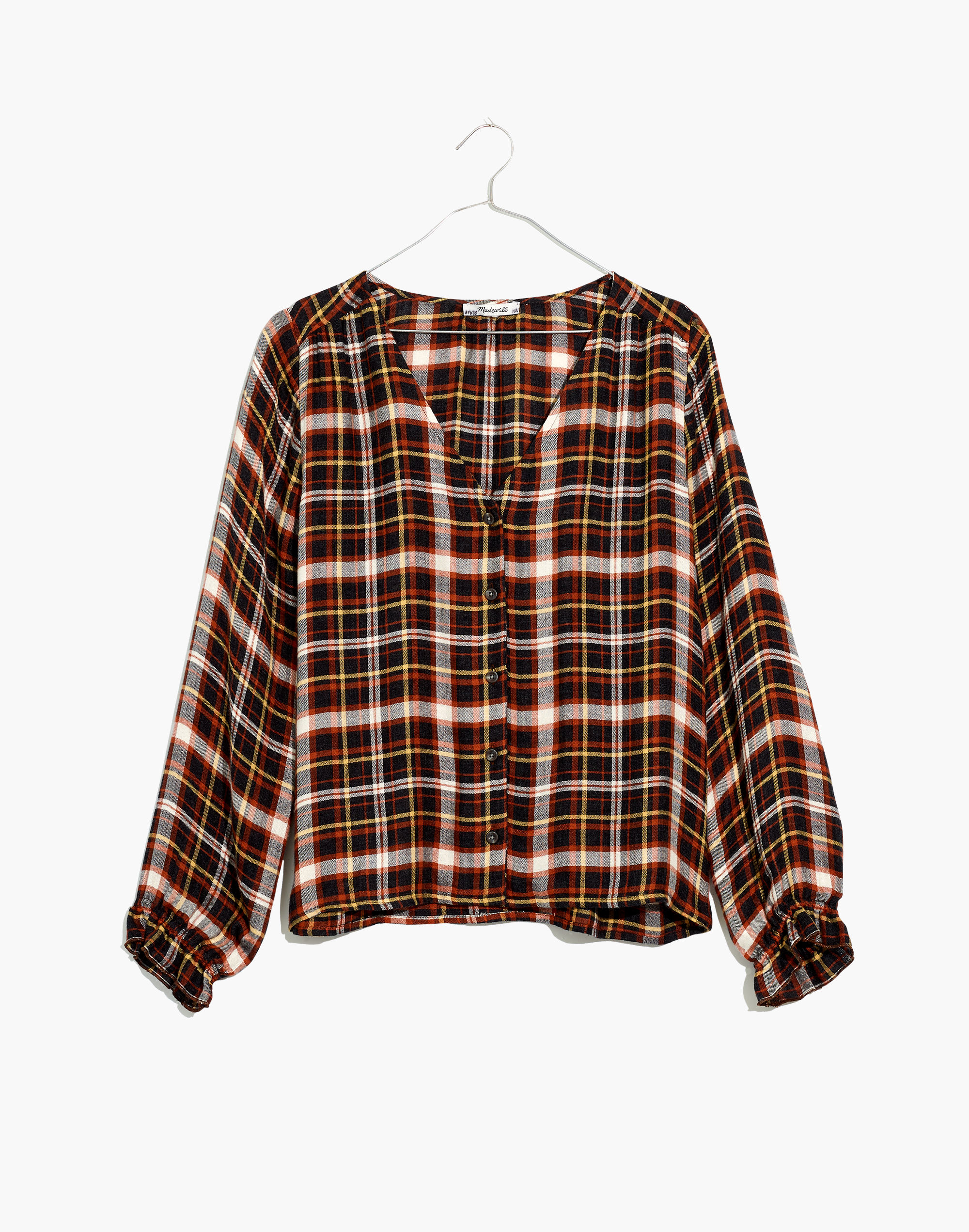 Plaid Ruffle-Cuff V-Neck Top