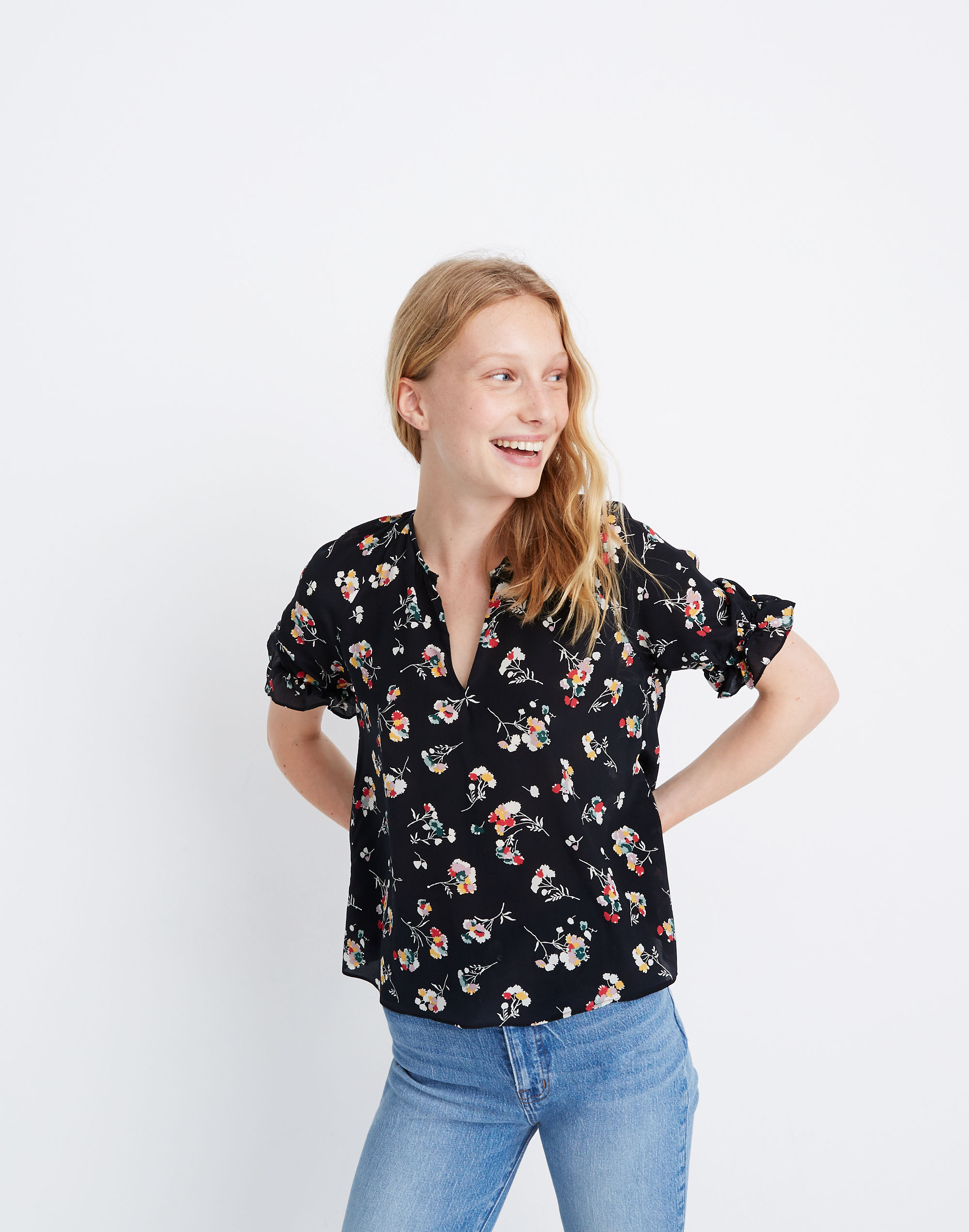 Silk Notched Ruffle-Cuff Top Carnation Toss | Madewell