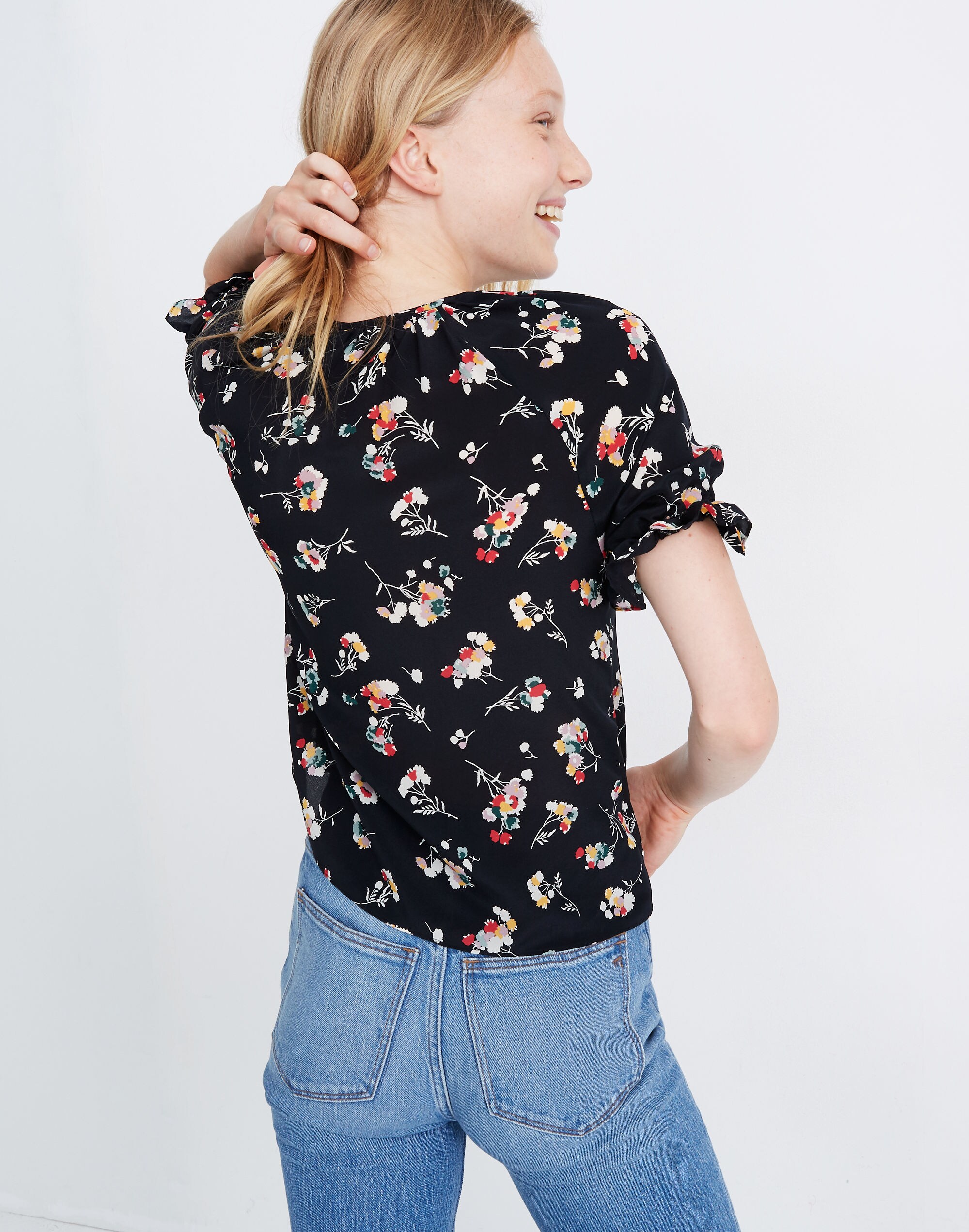 Silk Notched Ruffle-Cuff Top Carnation Toss | Madewell