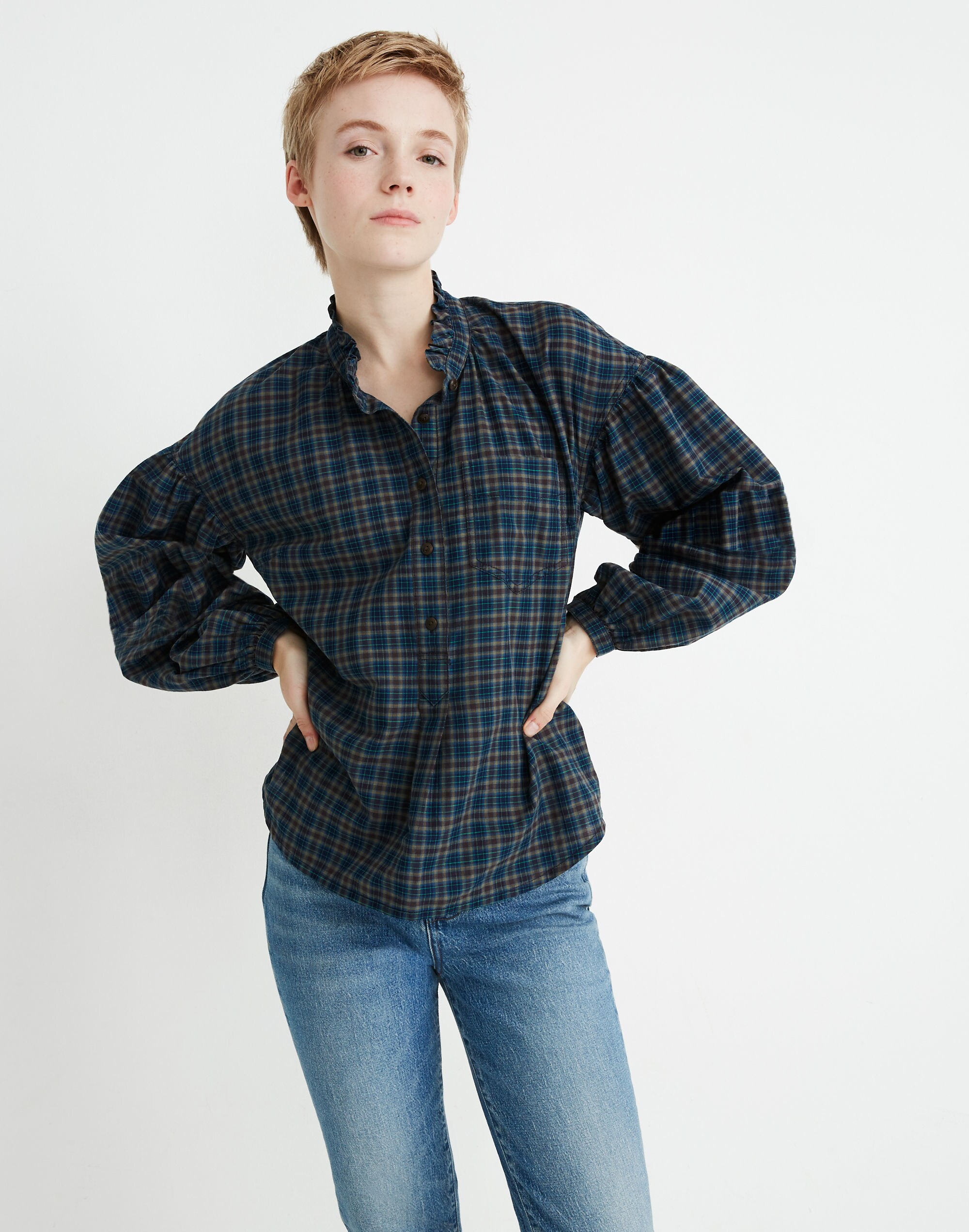 Plaid Ruffle-Neck Popover Top