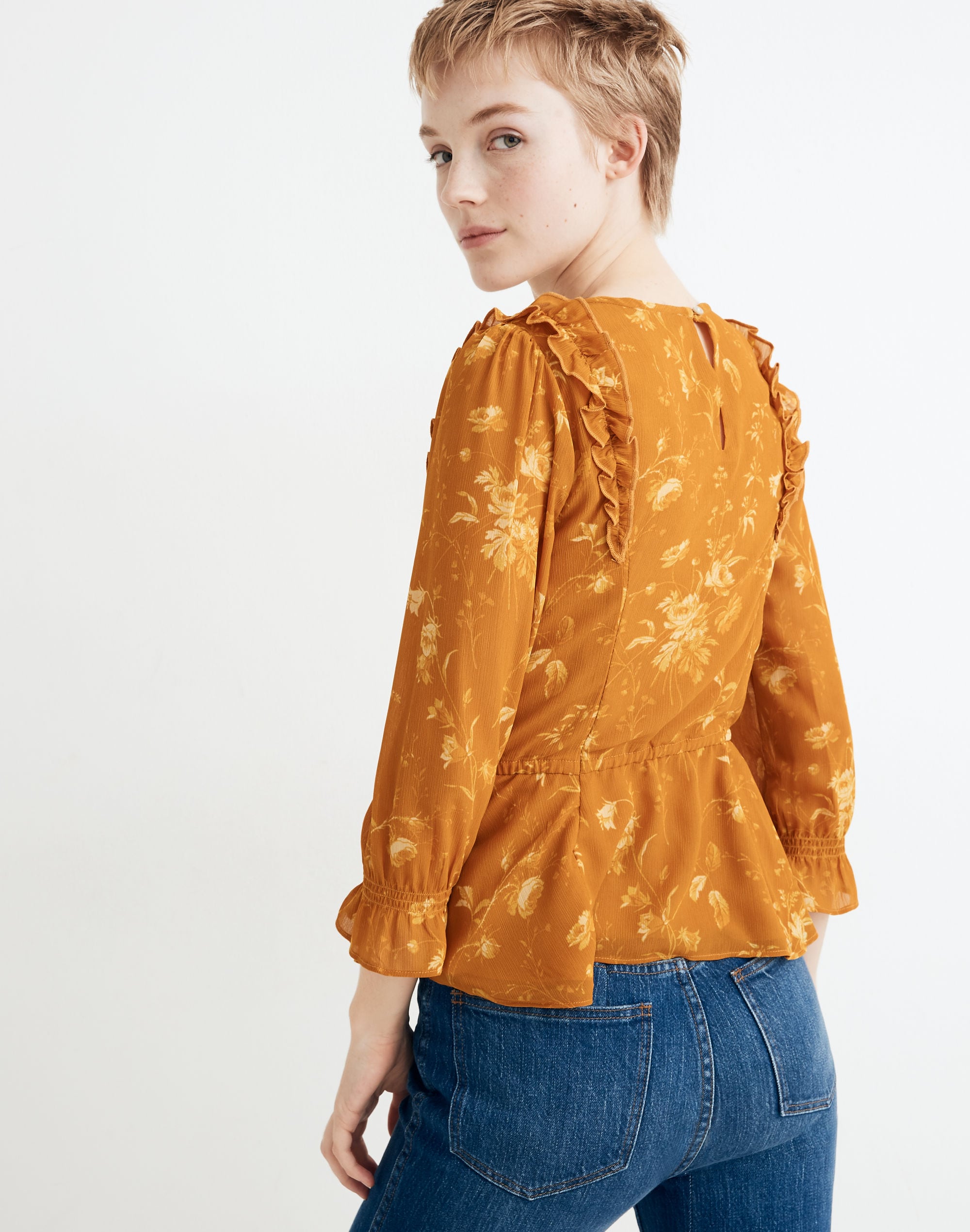 Ruffle-Shoulder Peplum Top in Tonal Botanical | Madewell