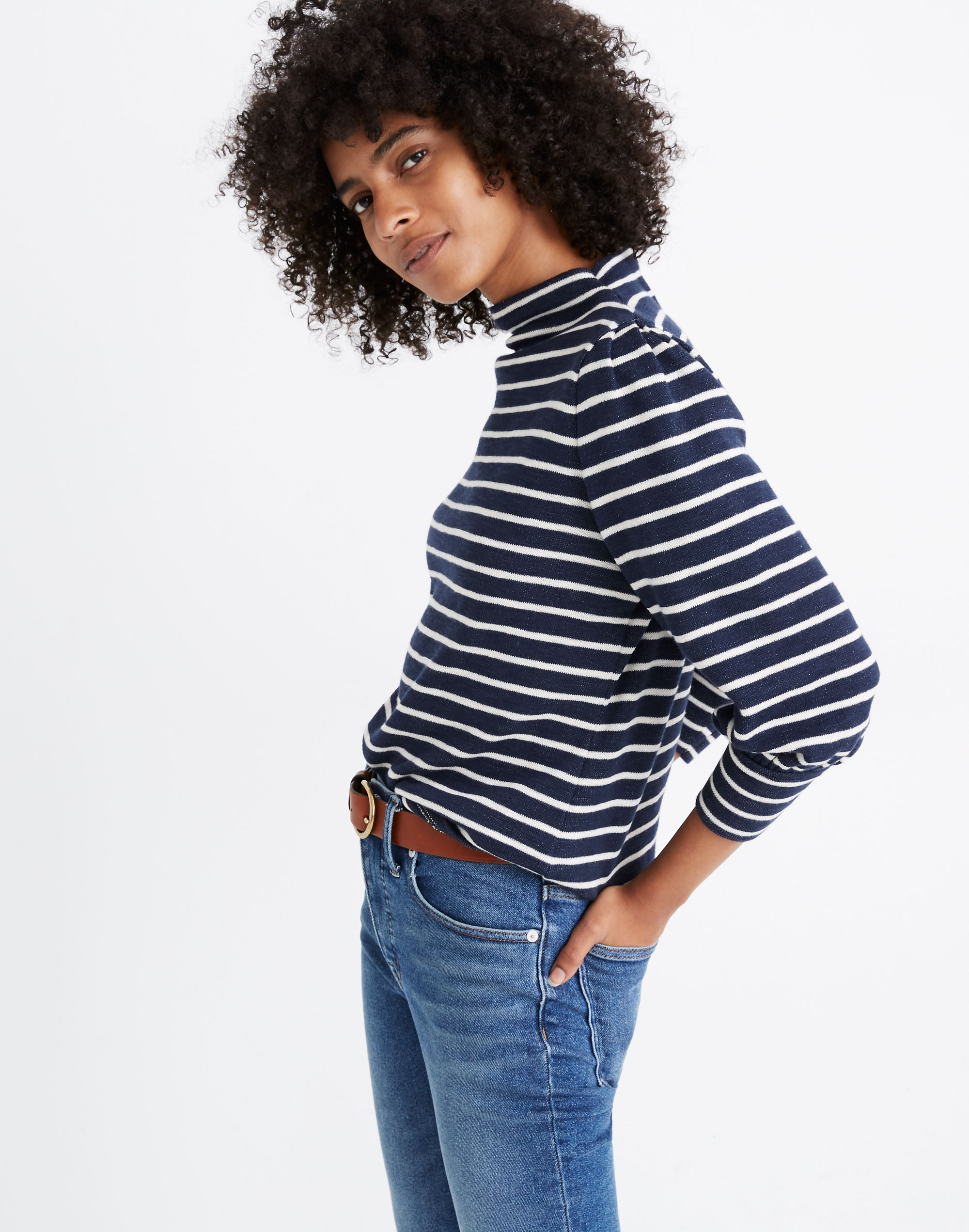 Gathered-Sleeve Mockneck Top Stripe | Madewell