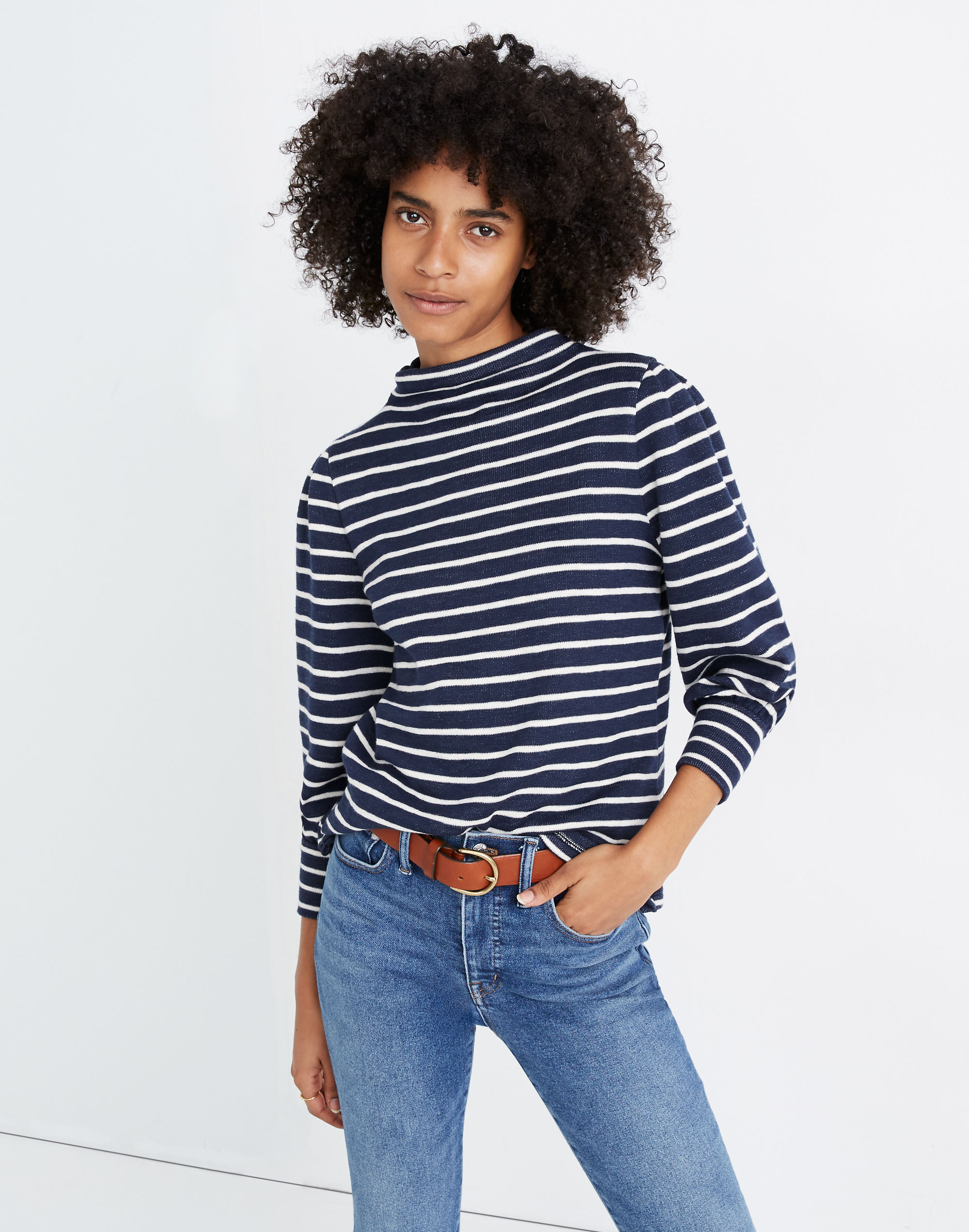 Gathered-Sleeve Mockneck Top Stripe | Madewell