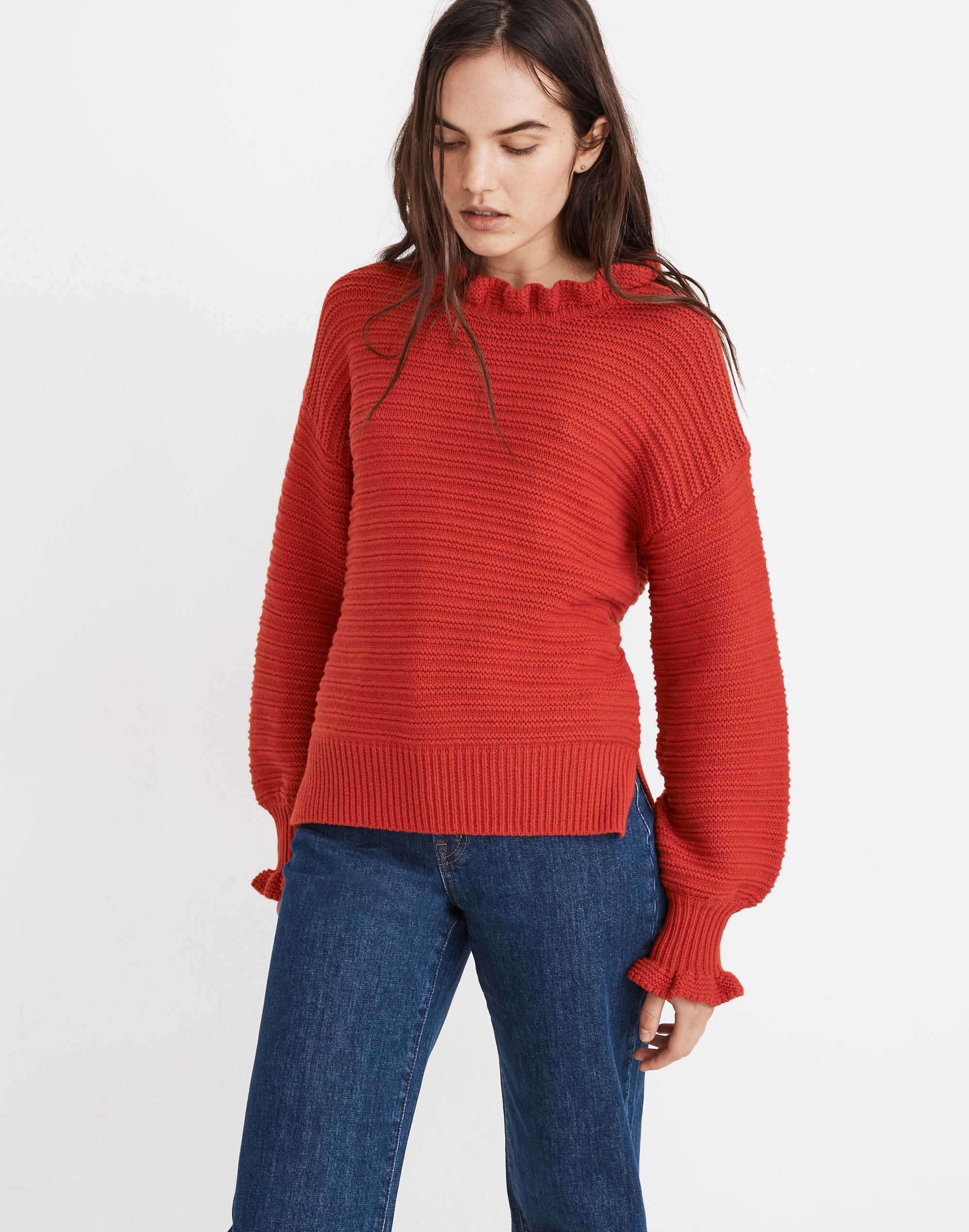 Ruffle-Neck Pullover Sweater Cotton-Merino Yarn | Madewell