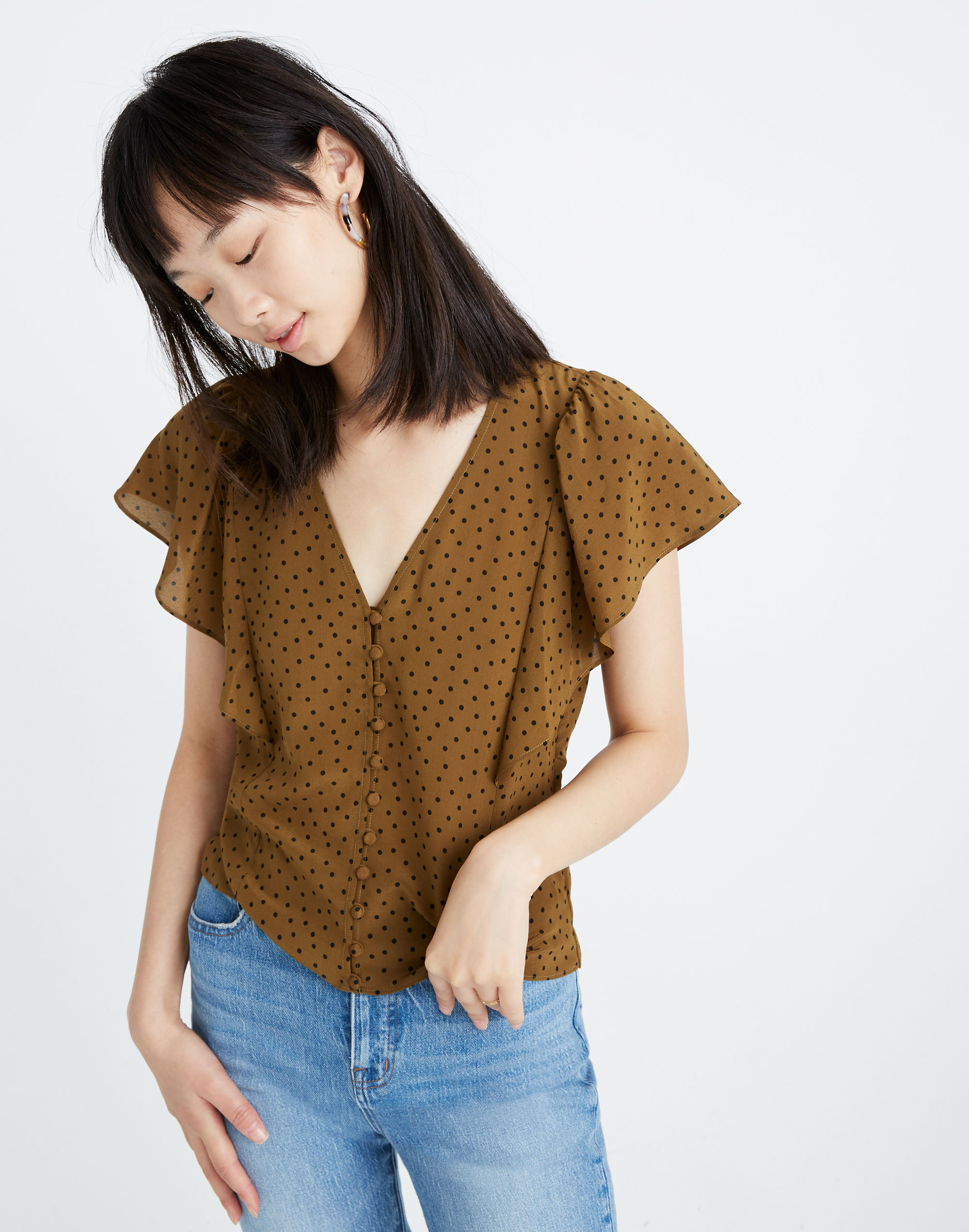 Silk Carmelina Flutter-Sleeve Top in Polka Dot | Madewell