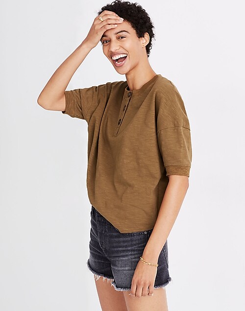 Textured Short Sleeve Cropped Henley Tee - Brown