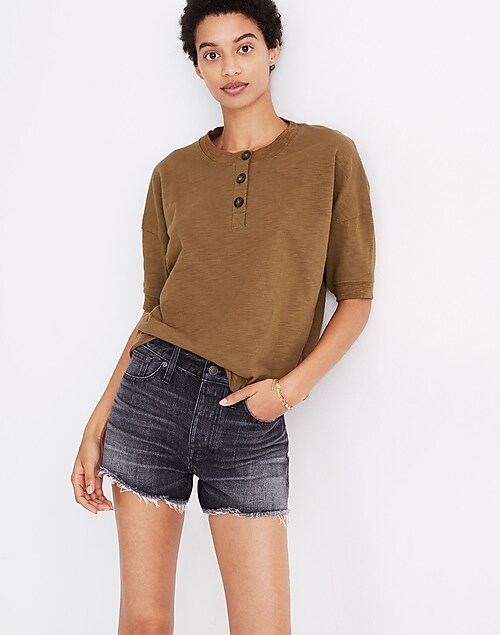 Textured Short Sleeve Cropped Henley Tee - Brown