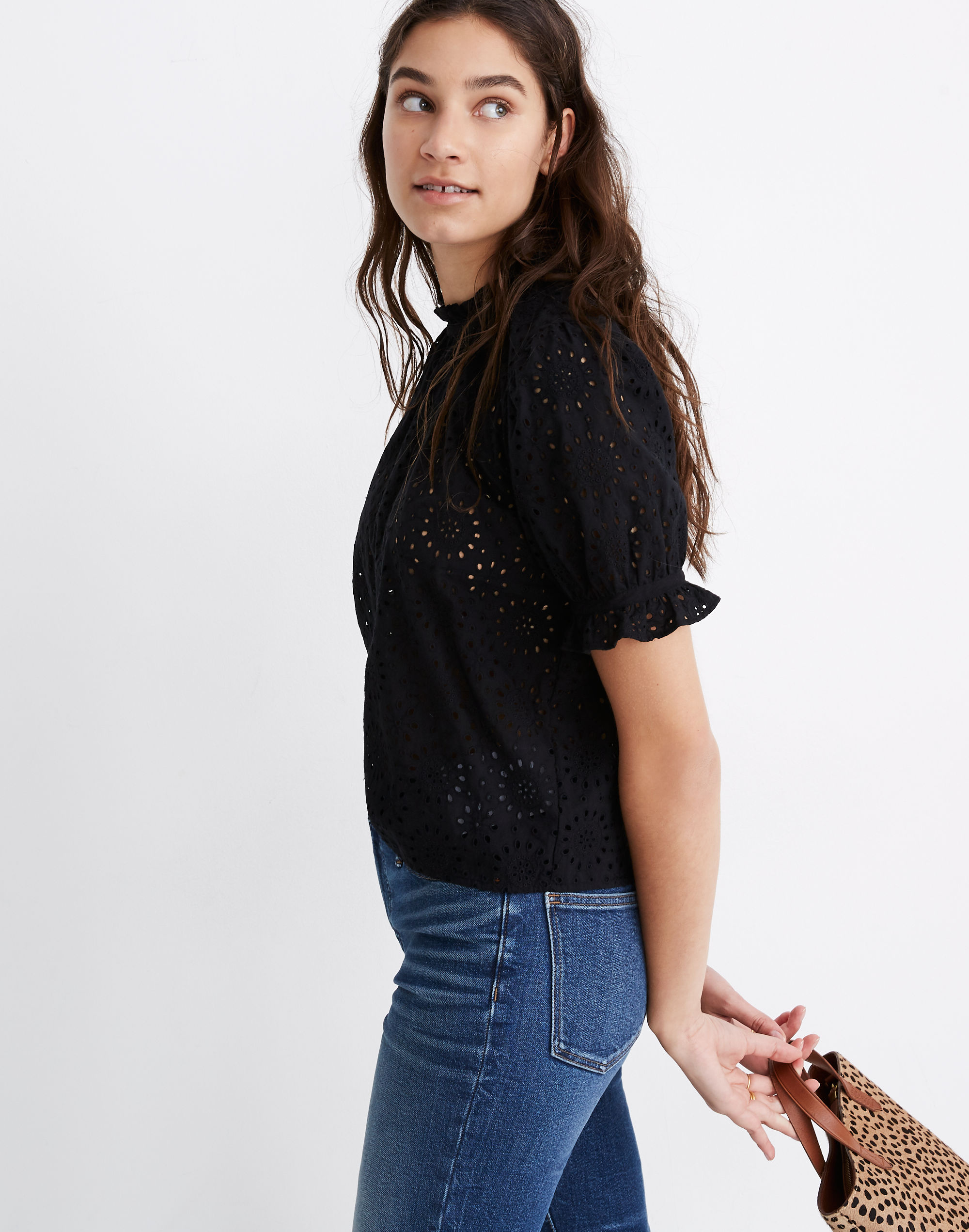 Embroidered Eyelet Ruffle-Neck Keyhole Top | Madewell