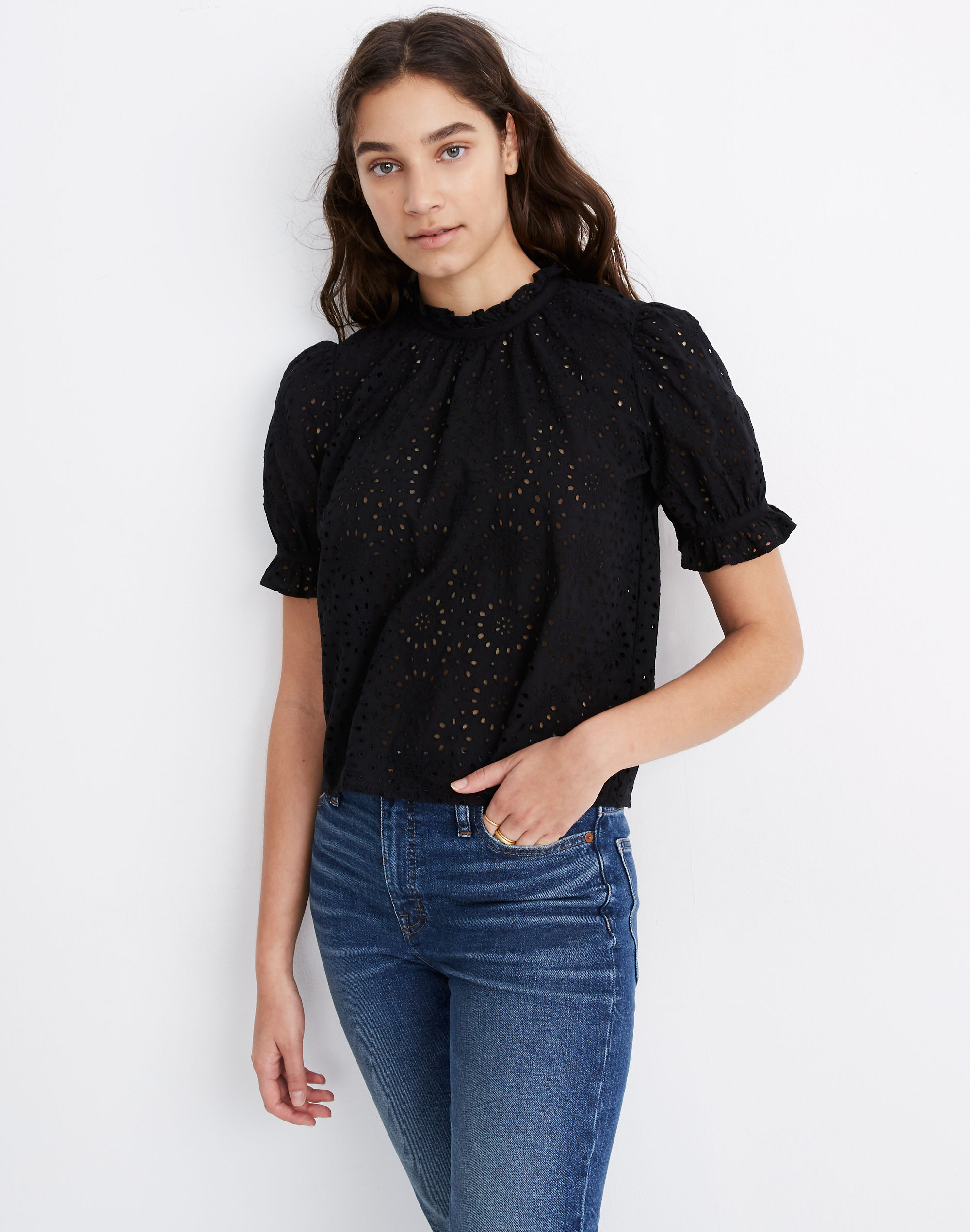 Embroidered Eyelet Ruffle-Neck Keyhole Top | Madewell