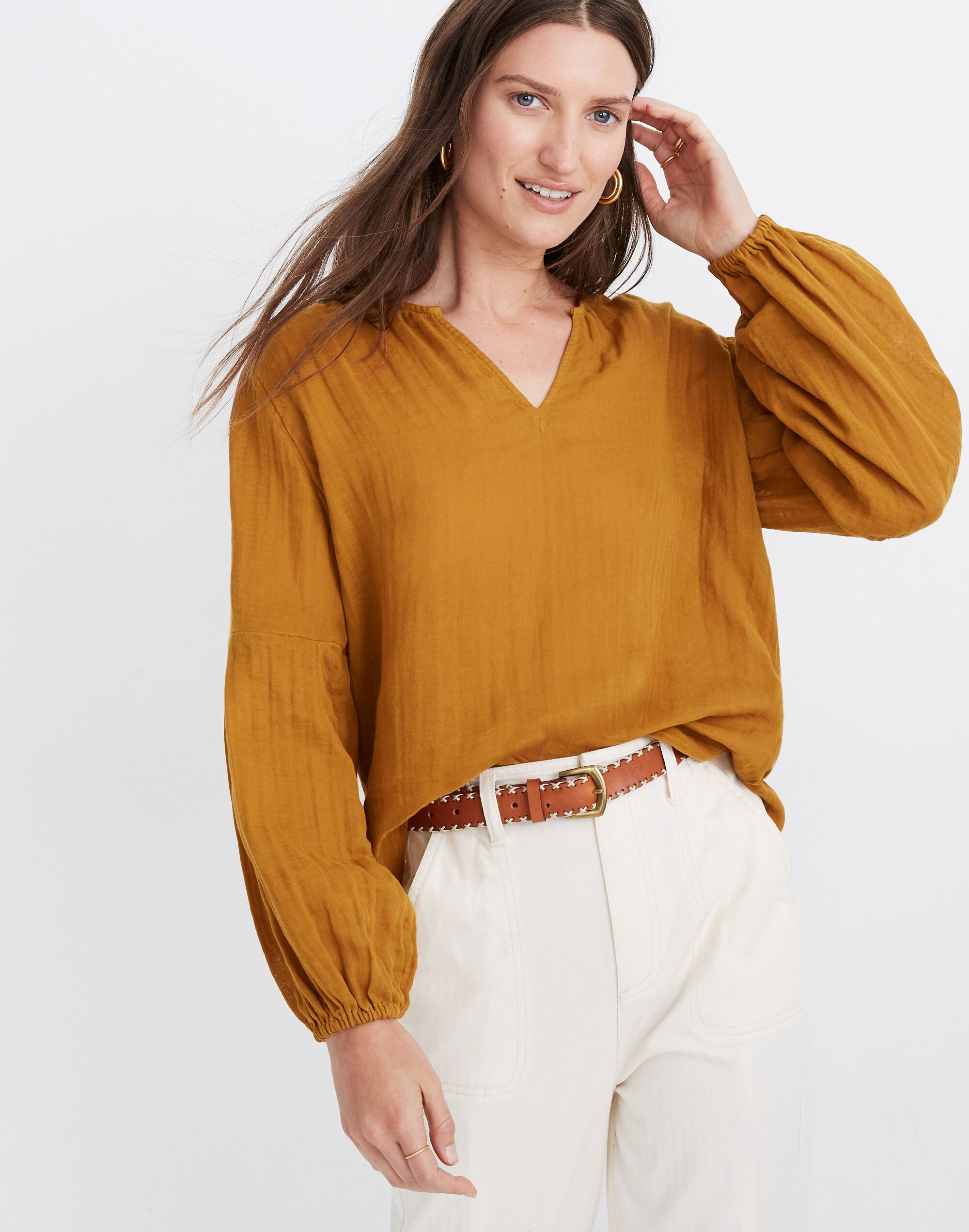 Shirred-Neck Balloon-Sleeve Top