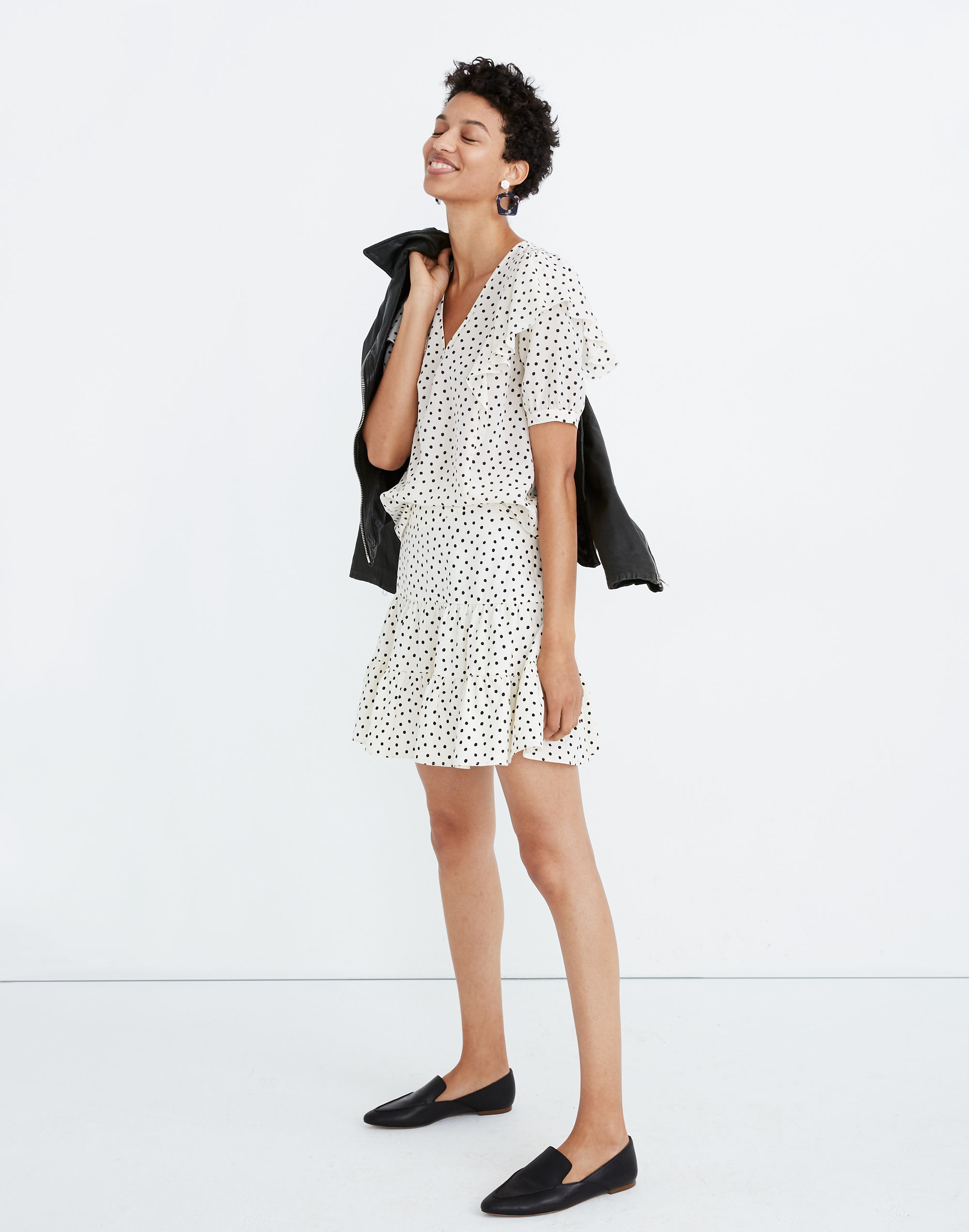 Silk V-Neck Shoulder-Ruffle Top in Inkbrush Dots | Madewell