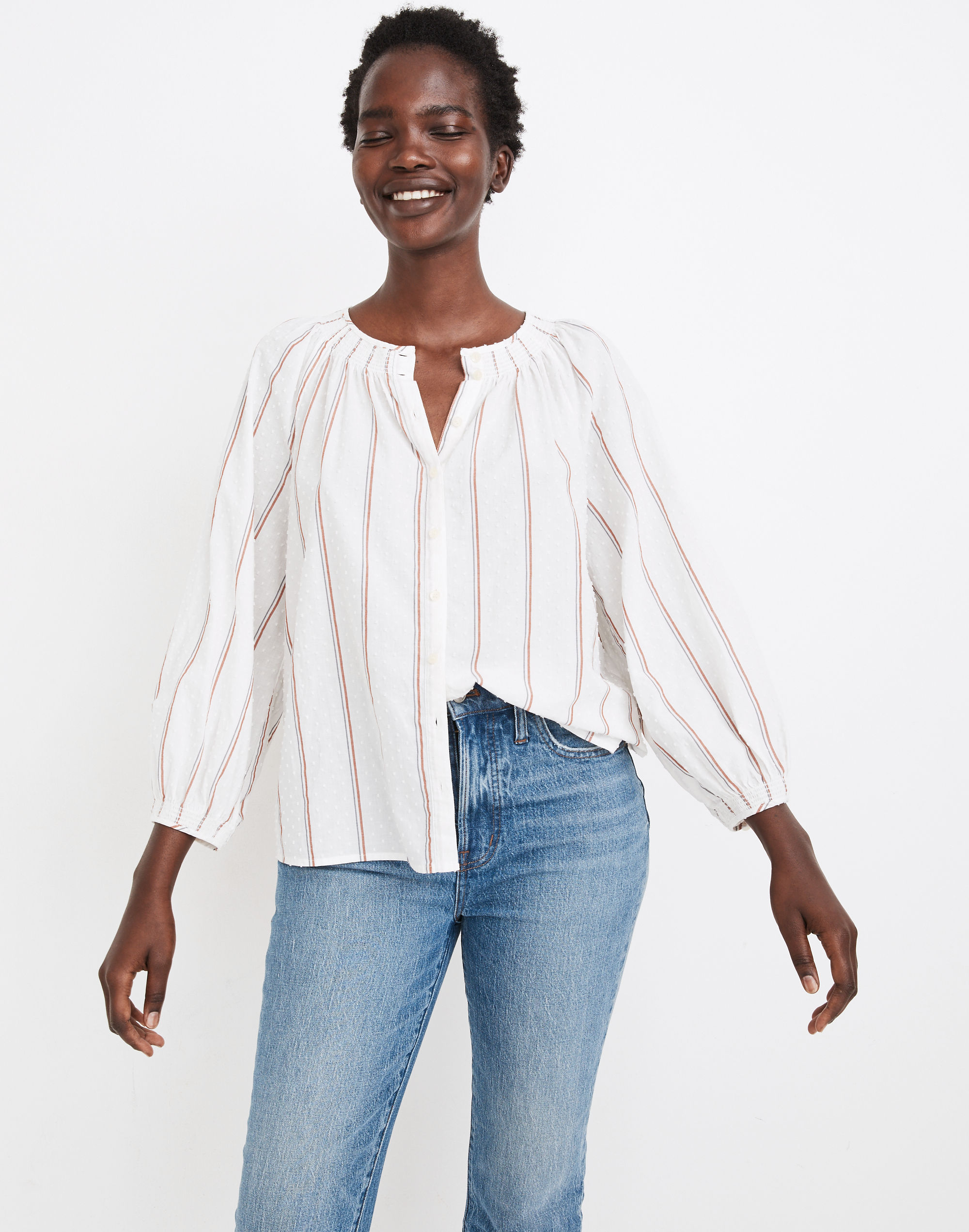 Smocked-Neck Raglan Top in Clipdot Stripe