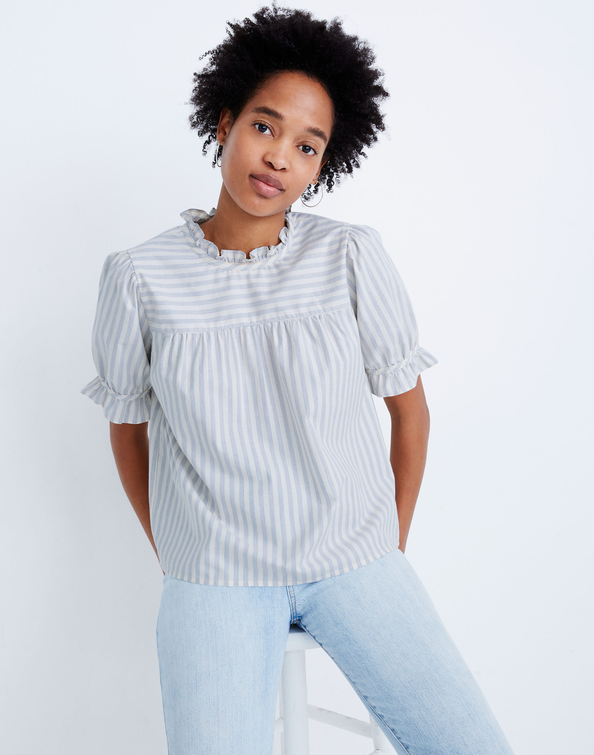 Ruffle-Neck Keyhole Top in Stripe