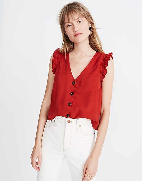 Linen-Blend Ruffle Button-Front Tank