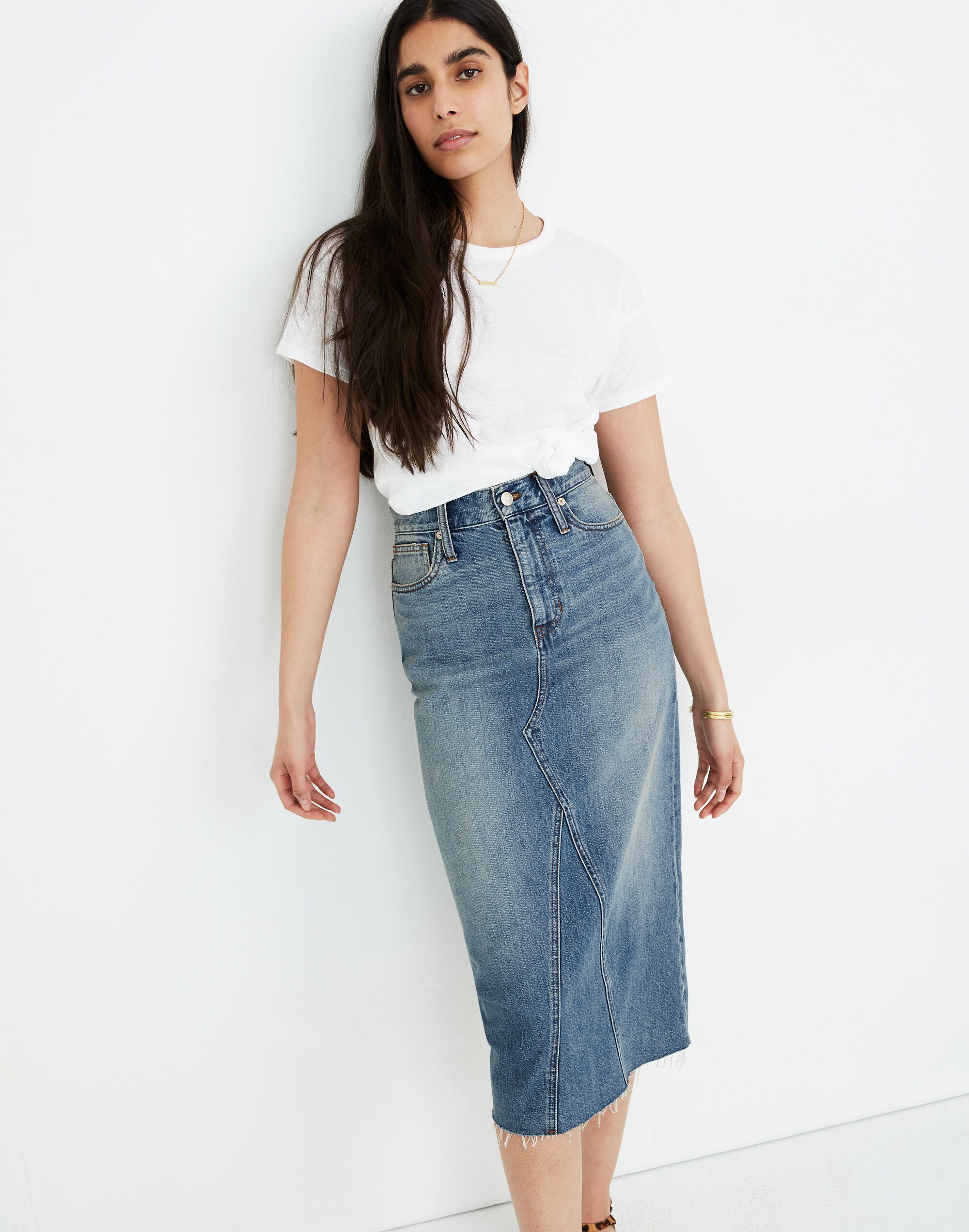 Rigid Denim Midi Skirt in Camille Wash