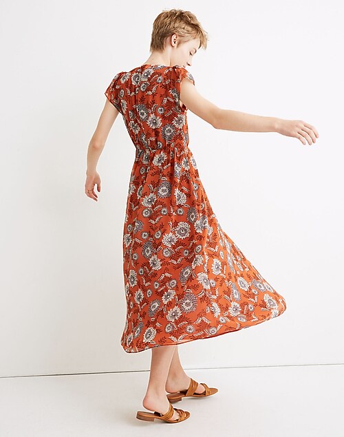 Sheer-Sleeve Button-Front Midi Dress in Gathered Blooms