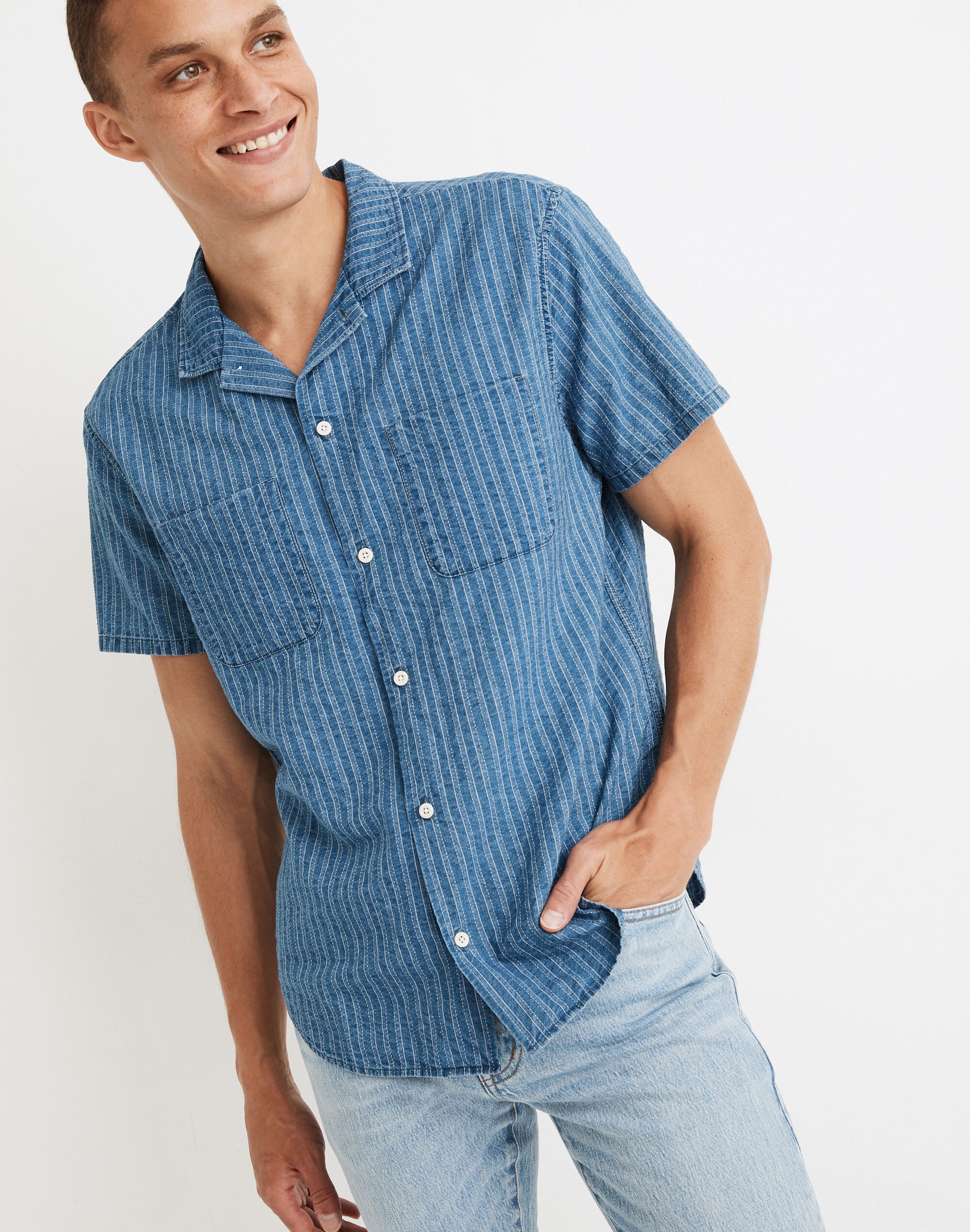 Indigo Easy Camp Shirt in Textured Stripe | Madewell