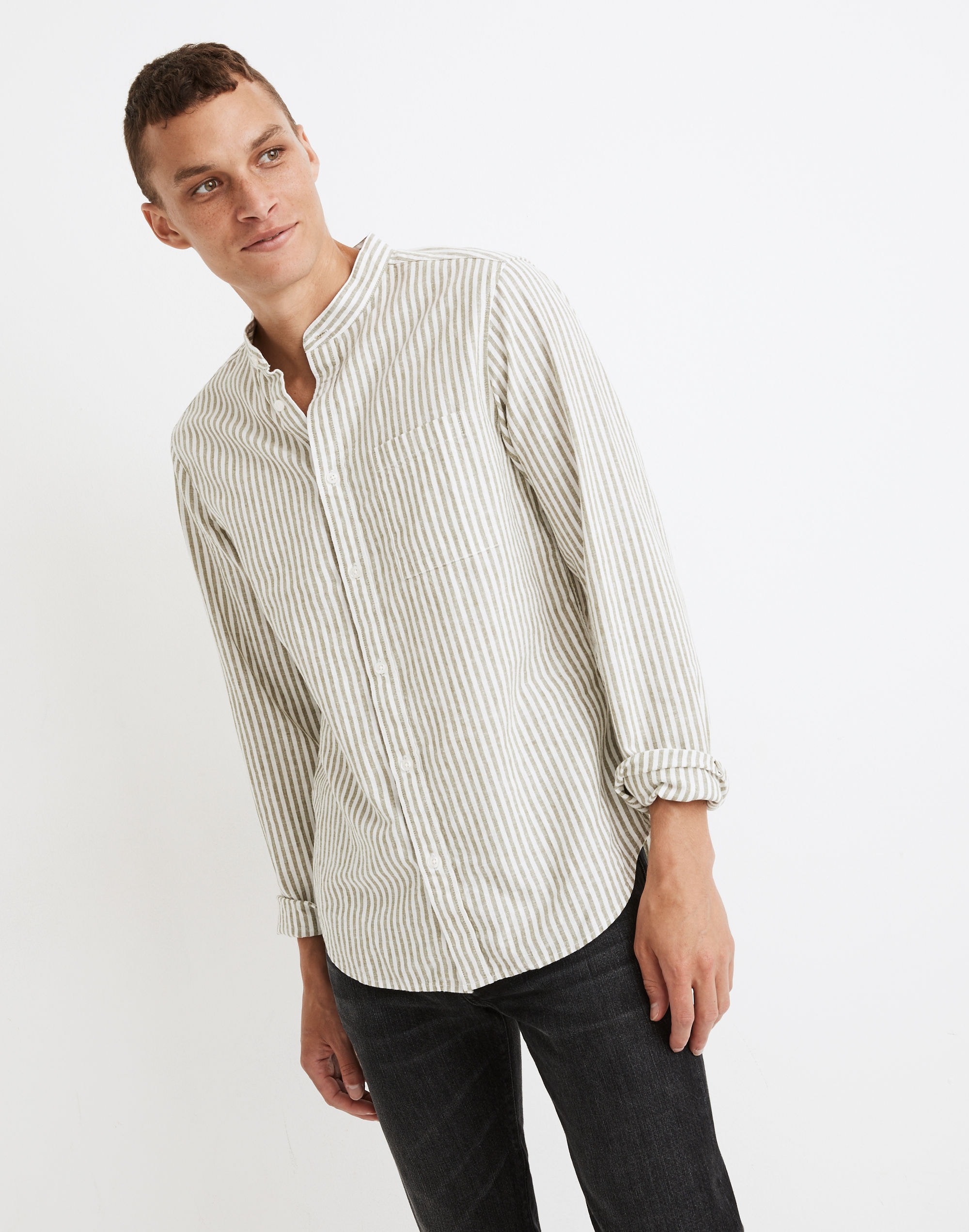 Linen-Blend Banded-Collar Perfect Shirt in Woodruff Stripe | Madewell