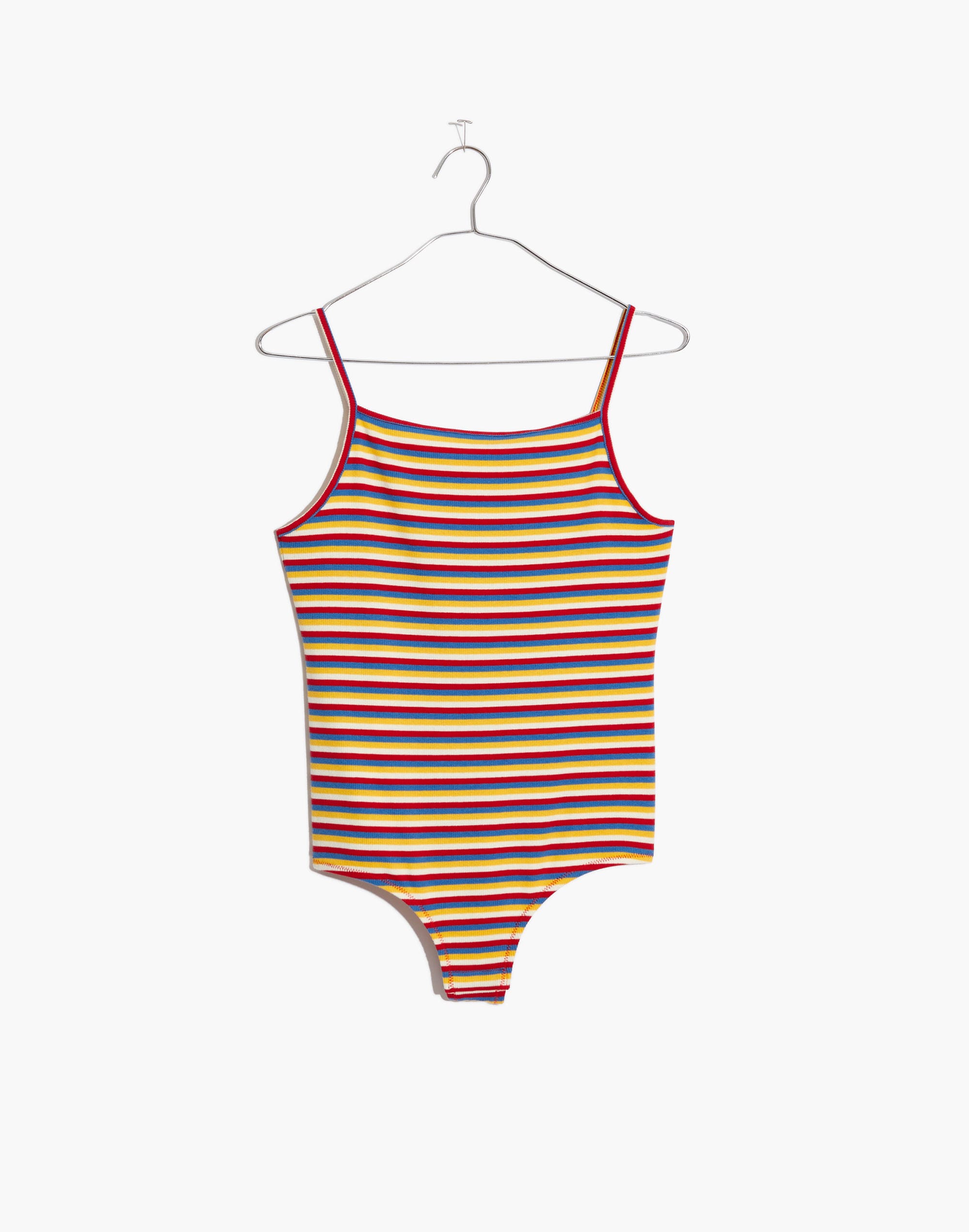 Ribbed Spaghetti-Strap Thong Bodysuit in Rainbow Stripe