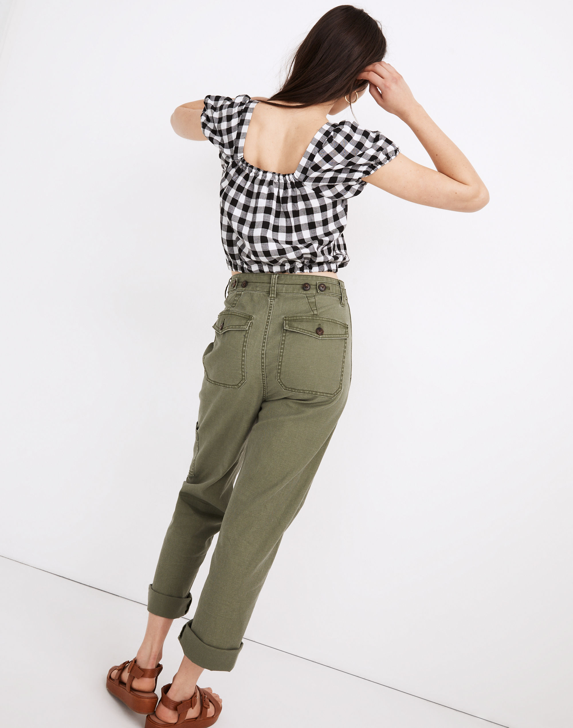 Linen-Blend Puff-Sleeve Button-Front Crop Top Gingham Check | Madewell