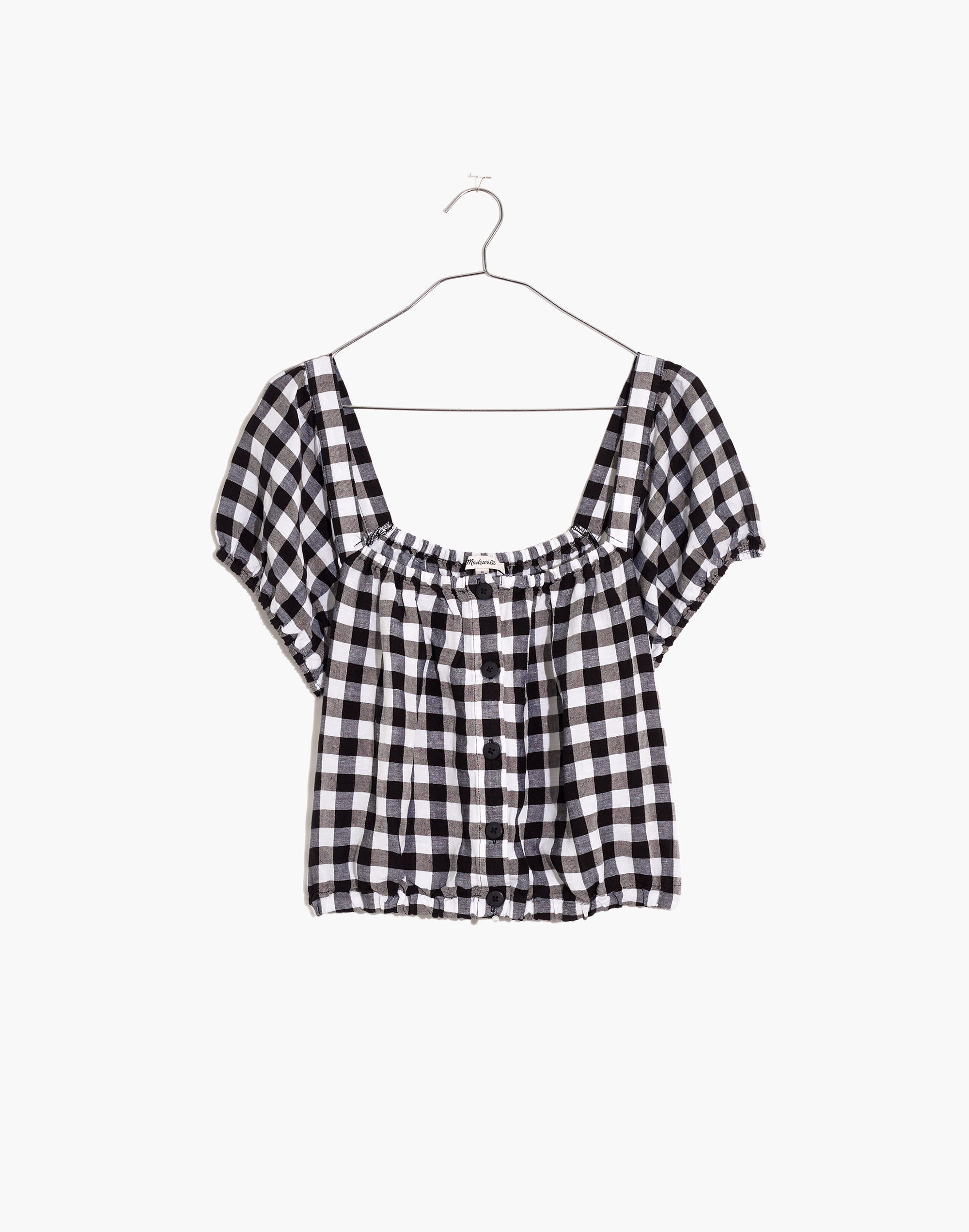 Linen-Blend Puff-Sleeve Button-Front Crop Top Gingham Check | Madewell