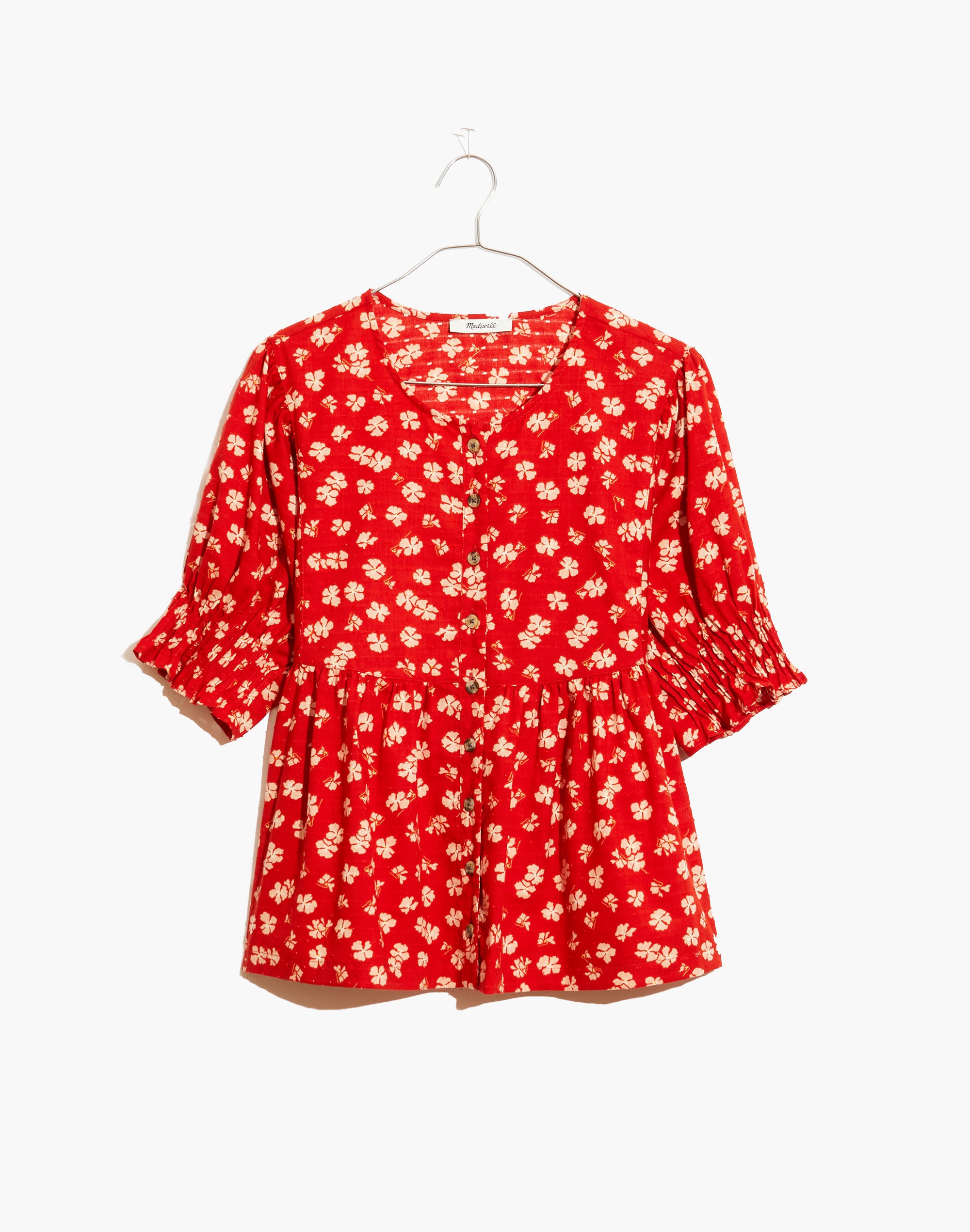 Puff-Sleeve Button-Front Top in Swiss Dot Happy Hibiscus | Madewell