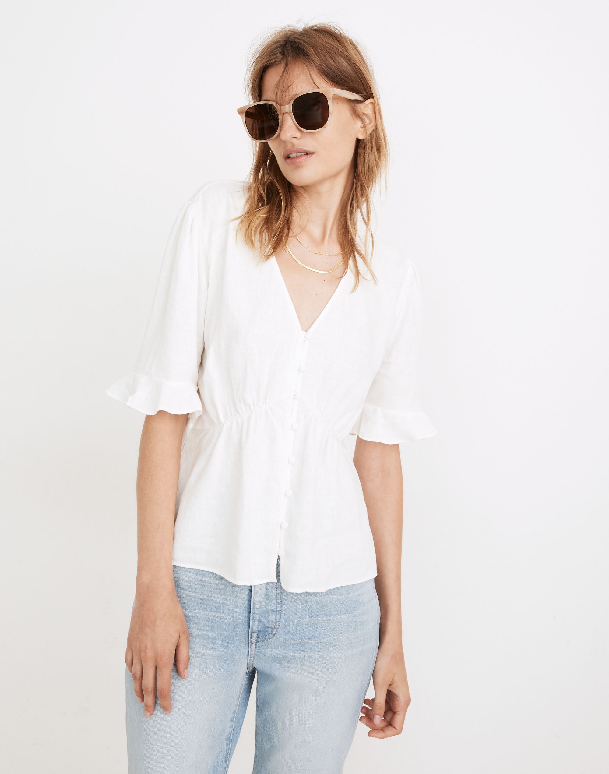 Linen-Blend Journal Keyhole-Sleeve Top | Madewell