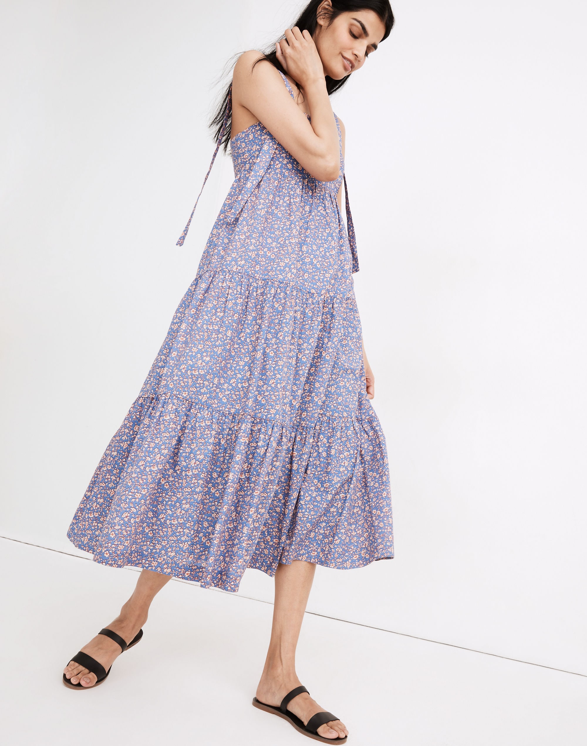 Tie-Strap Tiered Midi Dress in Summer Vines