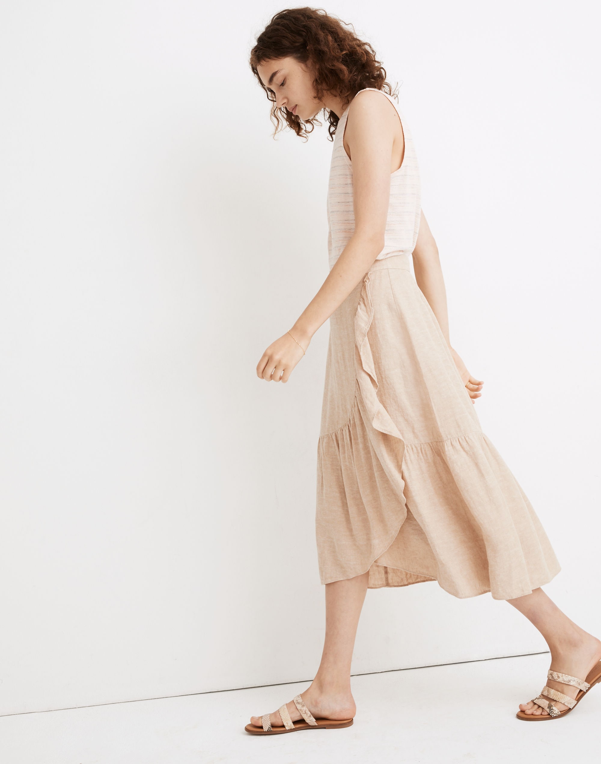 Linen-Blend Ruffle-Wrap Midi Skirt | Madewell