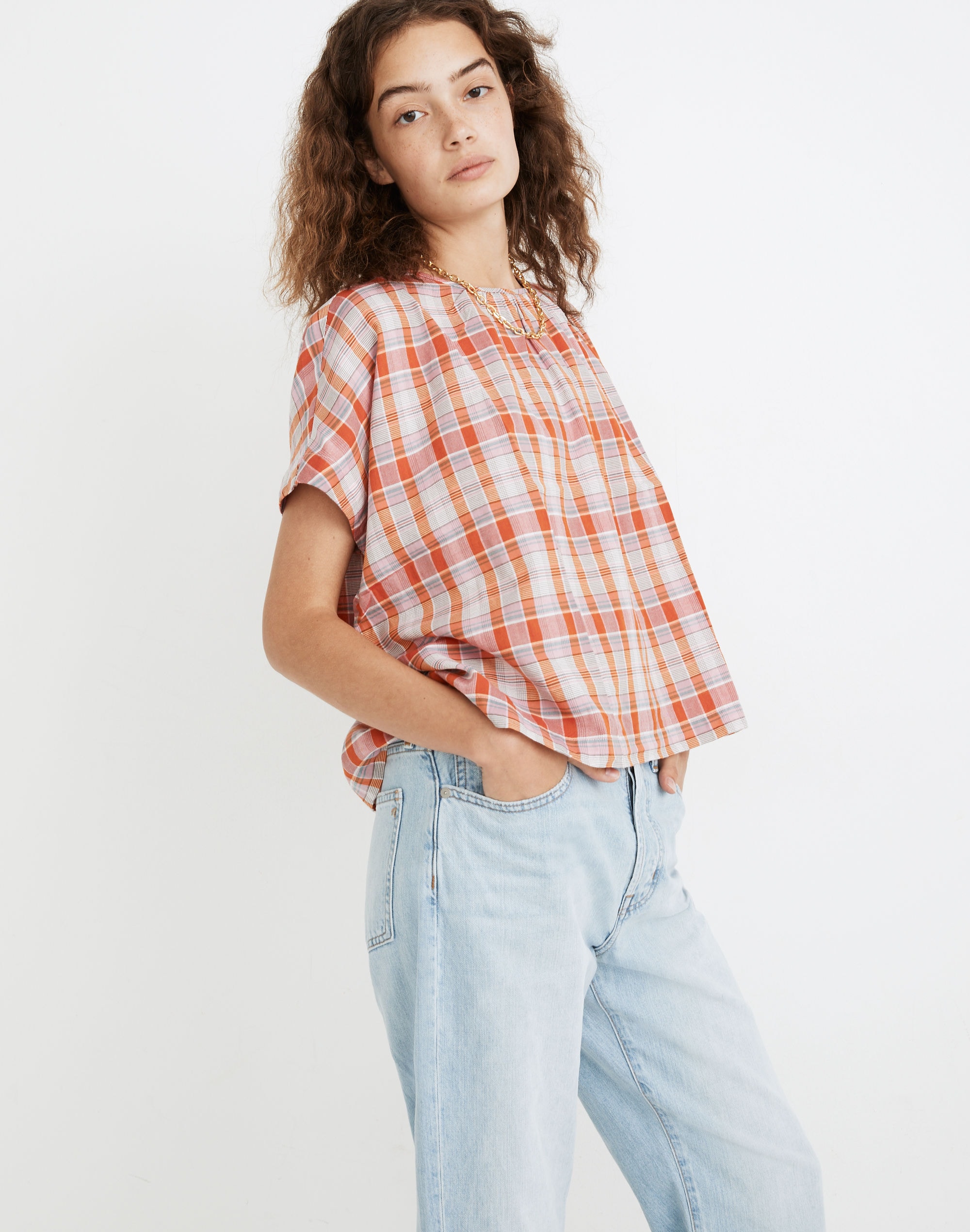 Plaid Shirred-Neck Boxy Top | Madewell