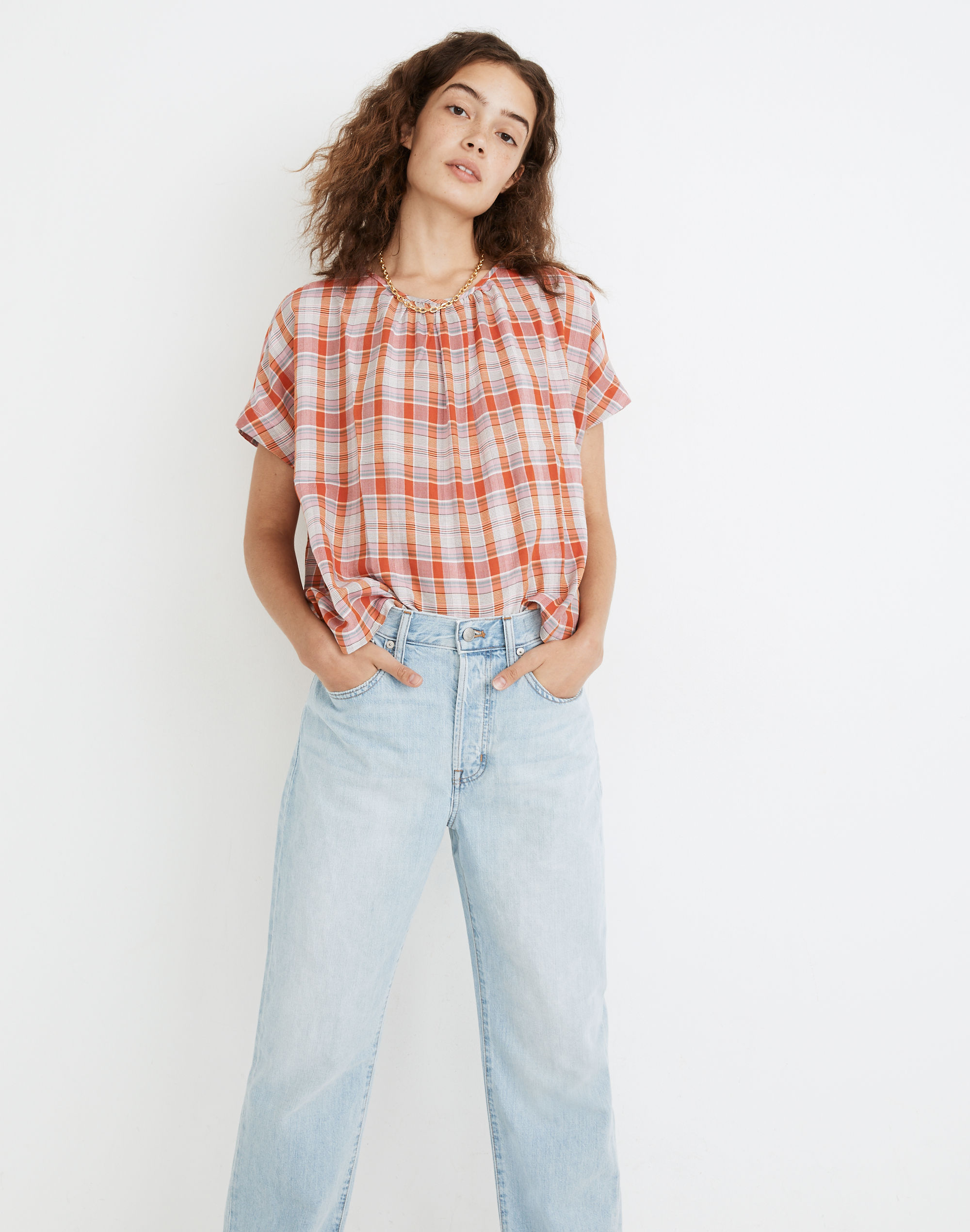 Plaid Shirred-Neck Boxy Top | Madewell