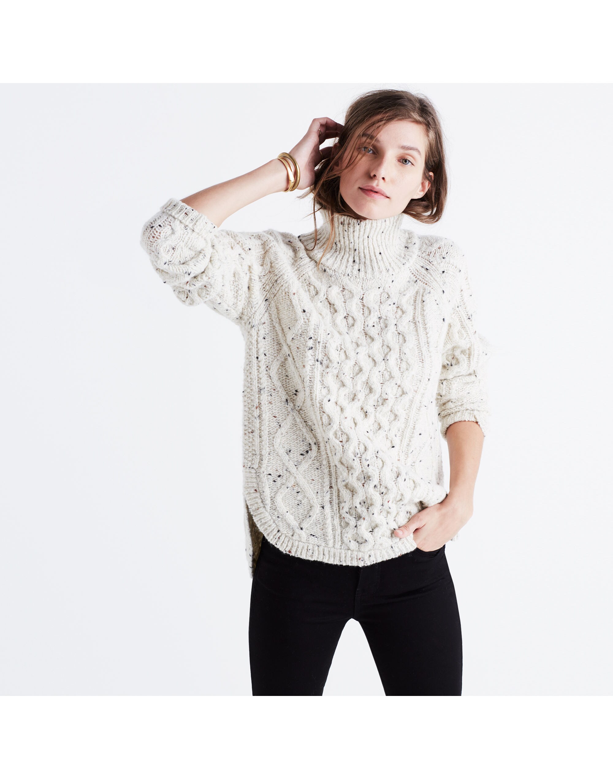 Cableknit Shirttail Turtleneck Sweater