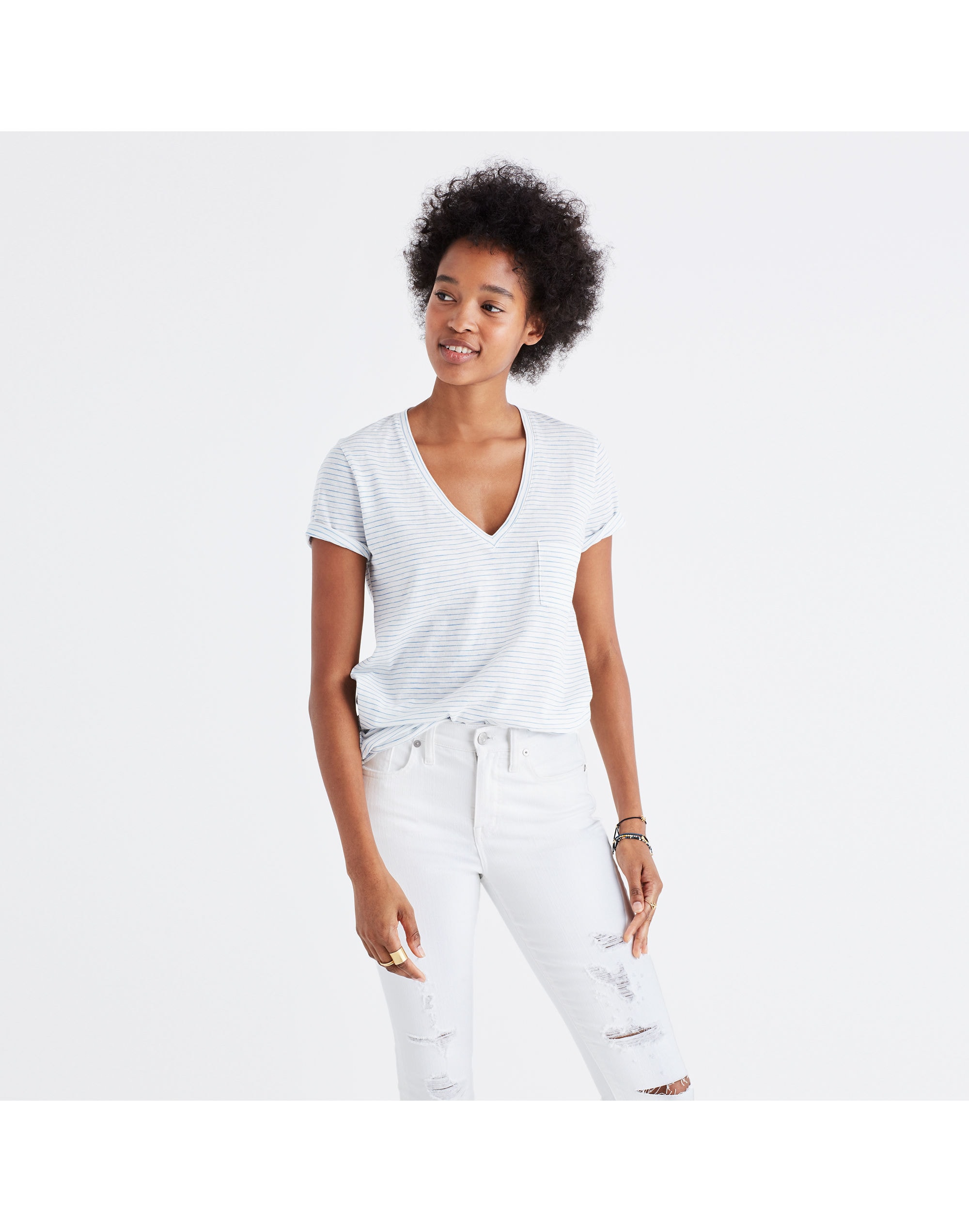 Whisper Cotton V-Neck Pocket Tee Carolina Stripe | Madewell