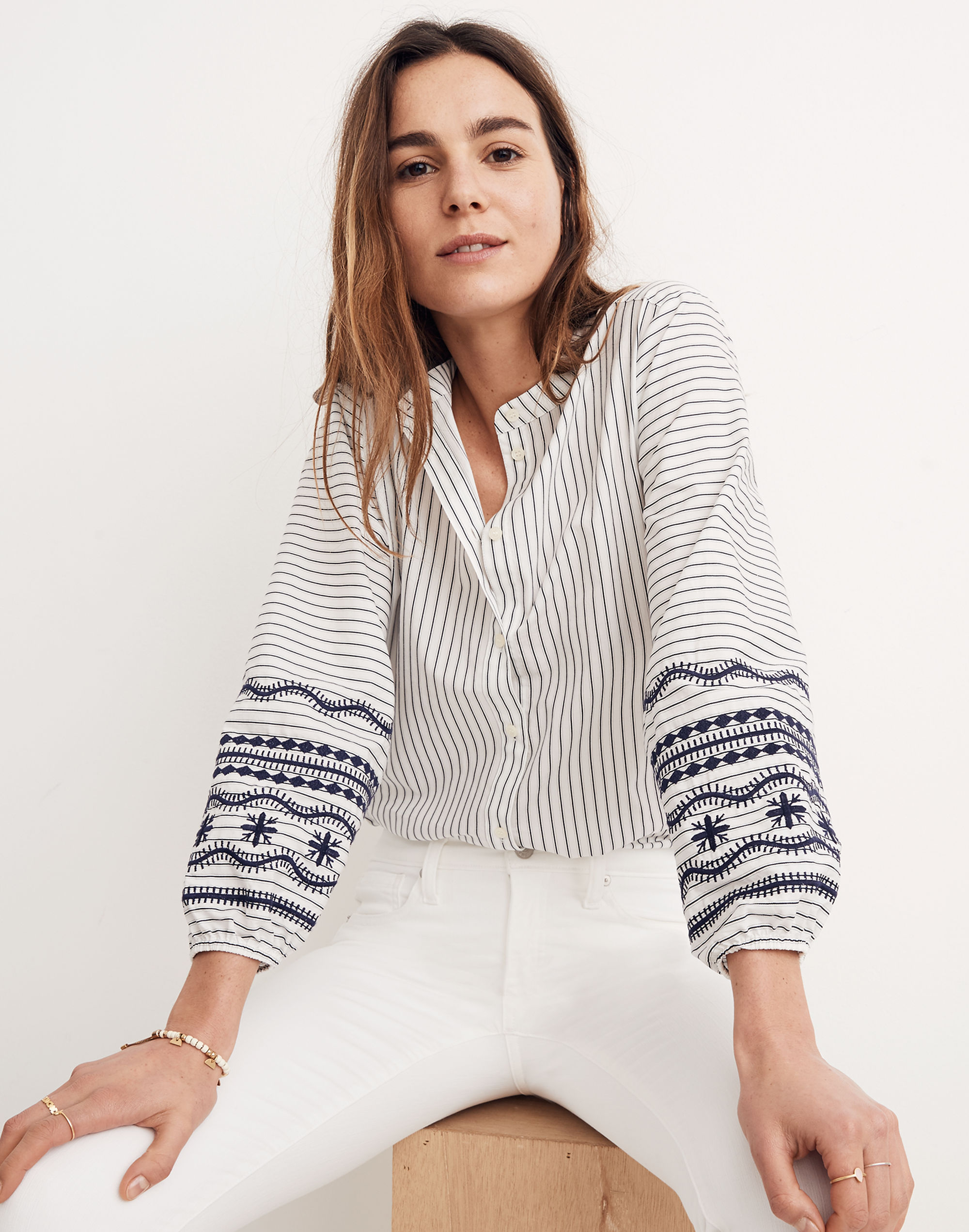 Striped Embroidered-Sleeve Shirt | Madewell