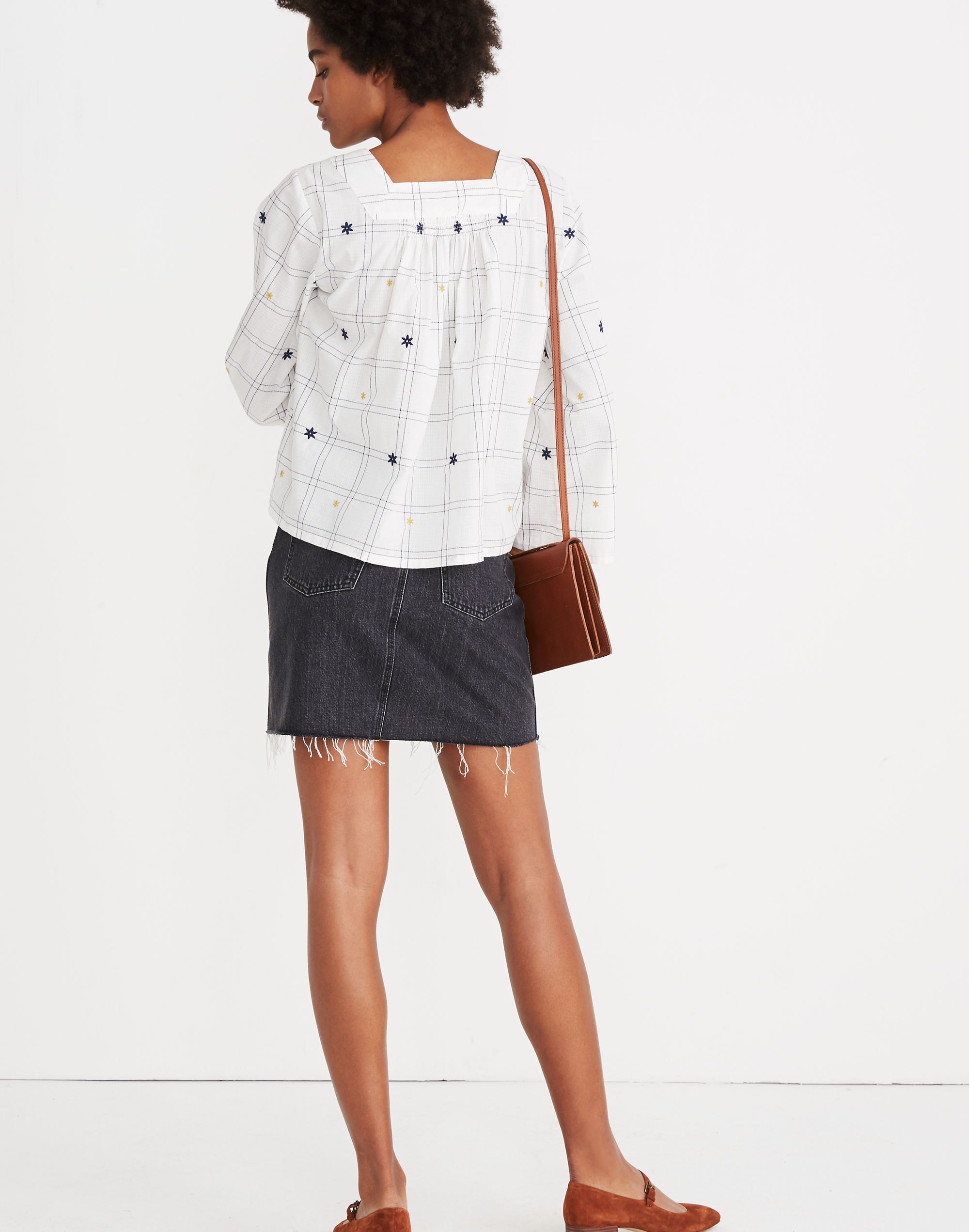 Embroidered Windowpane Square-Neck Button-Down Top | Madewell