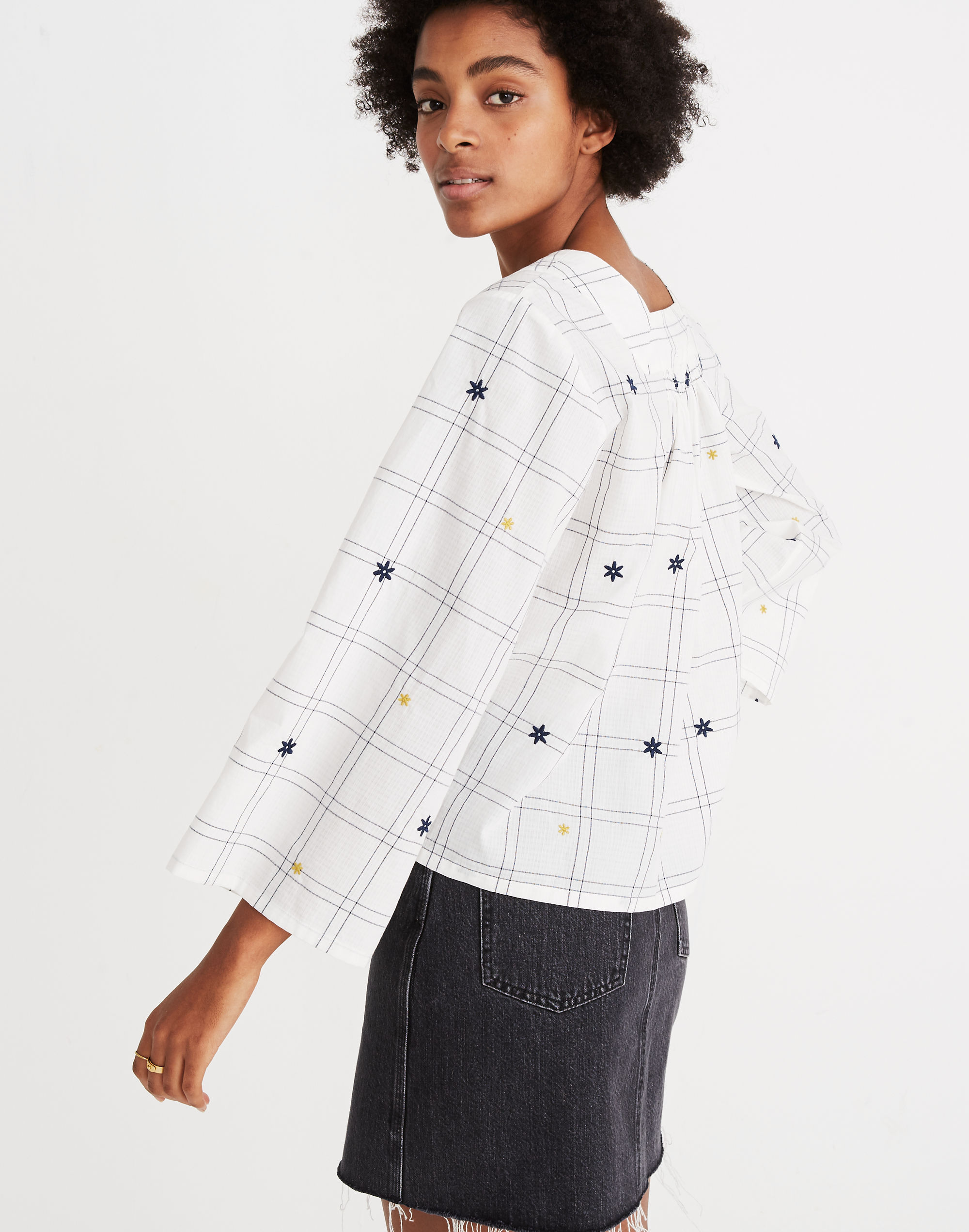 Embroidered Windowpane Square-Neck Button-Down Top | Madewell