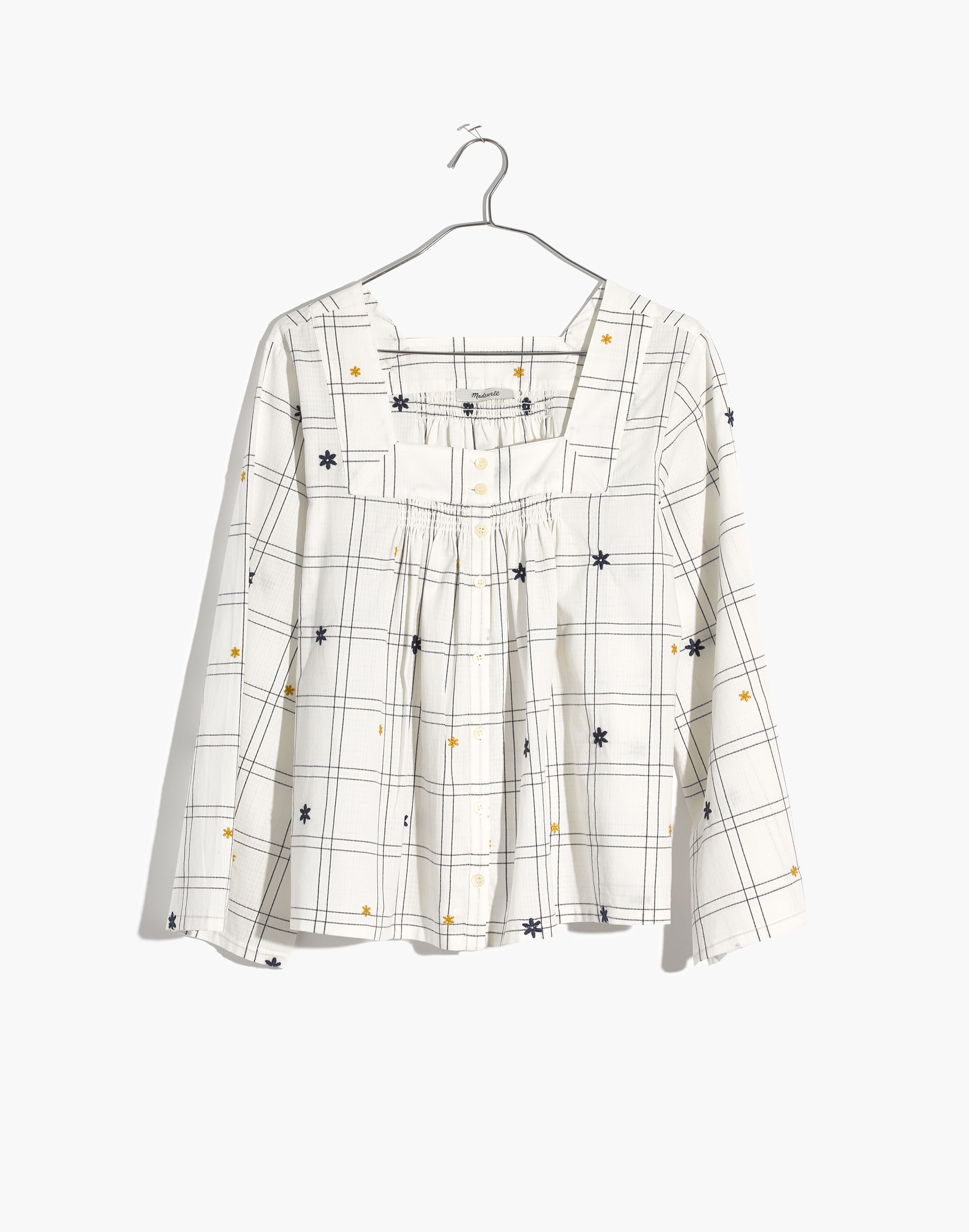 Embroidered Windowpane Square-Neck Button-Down Top | Madewell