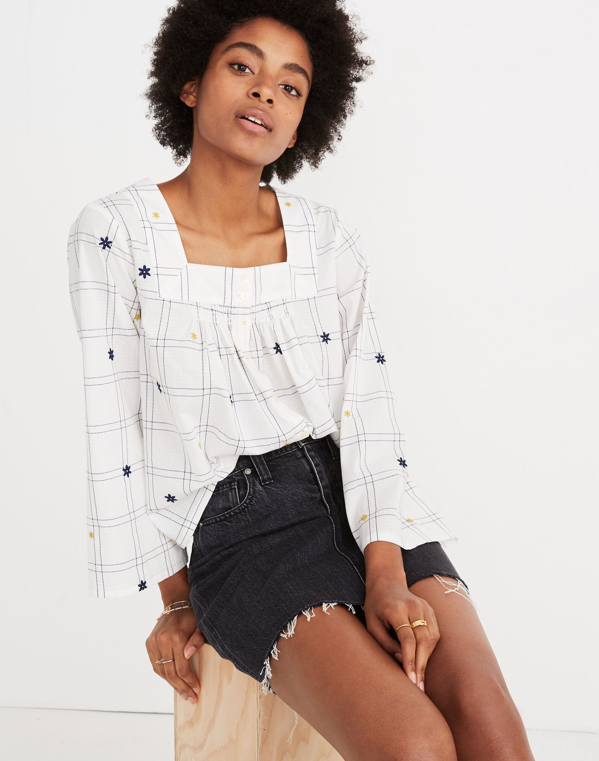 Embroidered Windowpane Square-Neck Button-Down Top | Madewell