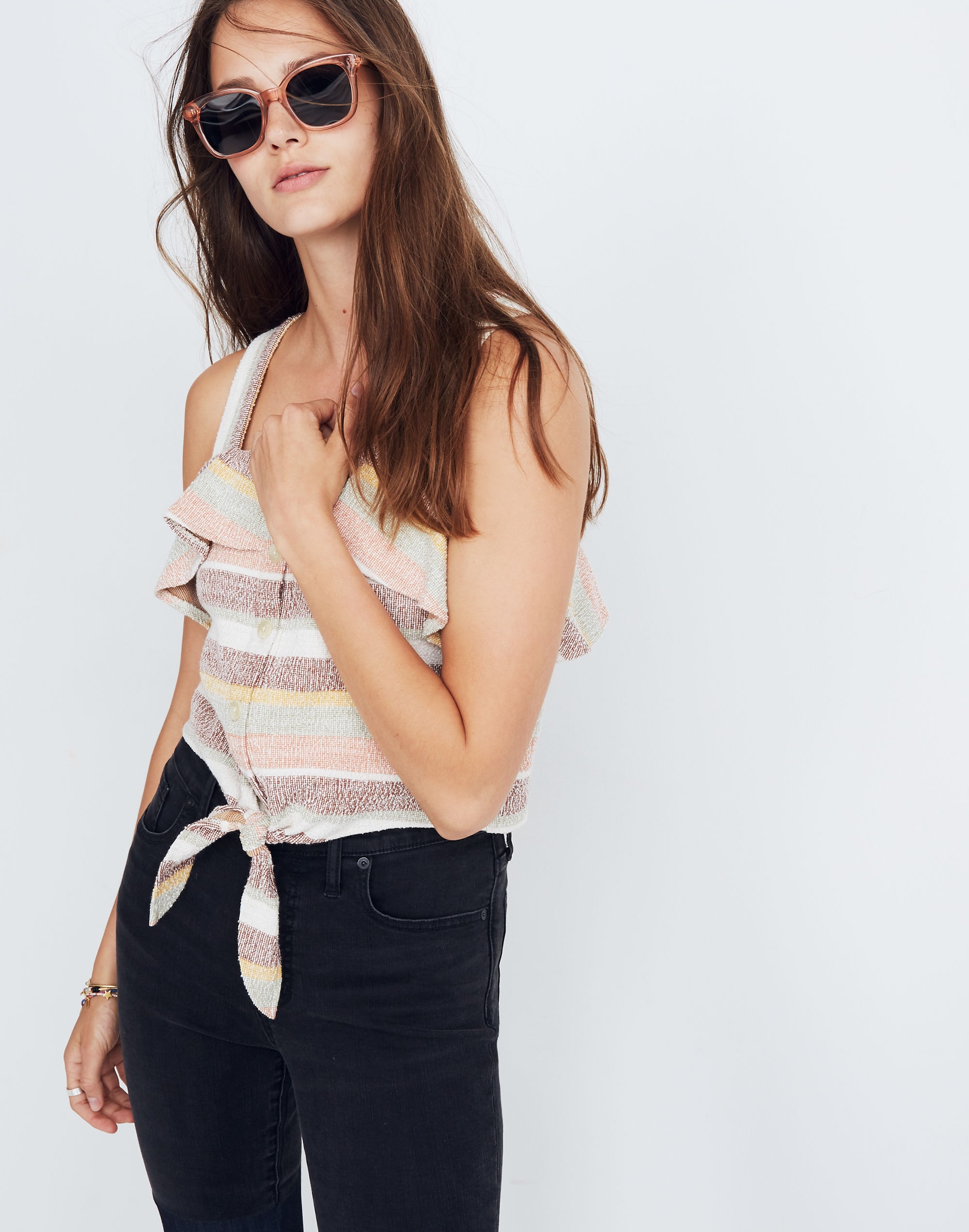 Texture & Thread Ruffle Tie-Front Tank in Stripe | Madewell